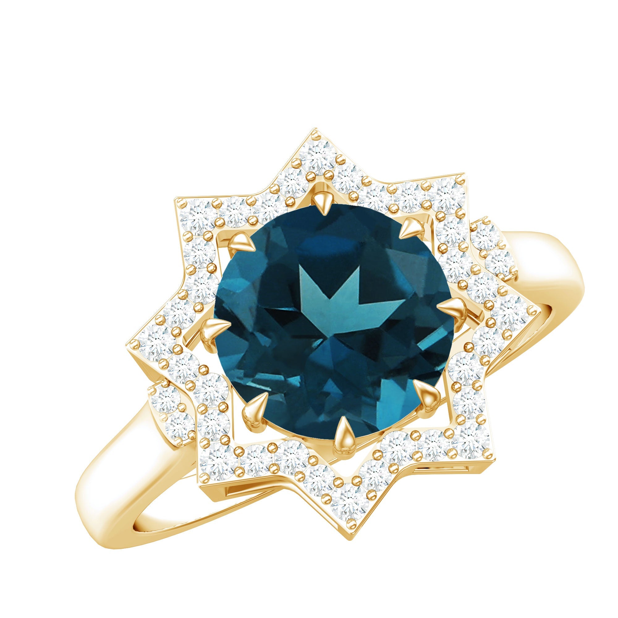 Round Cut London Blue Topaz Cocktail Halo Ring with Diamonds