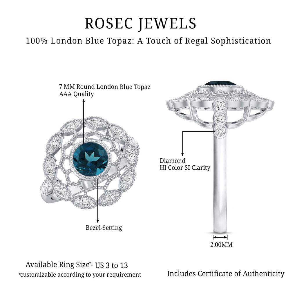 Genuine London Blue Topaz and Diamond Statement Ring with Beaded Details