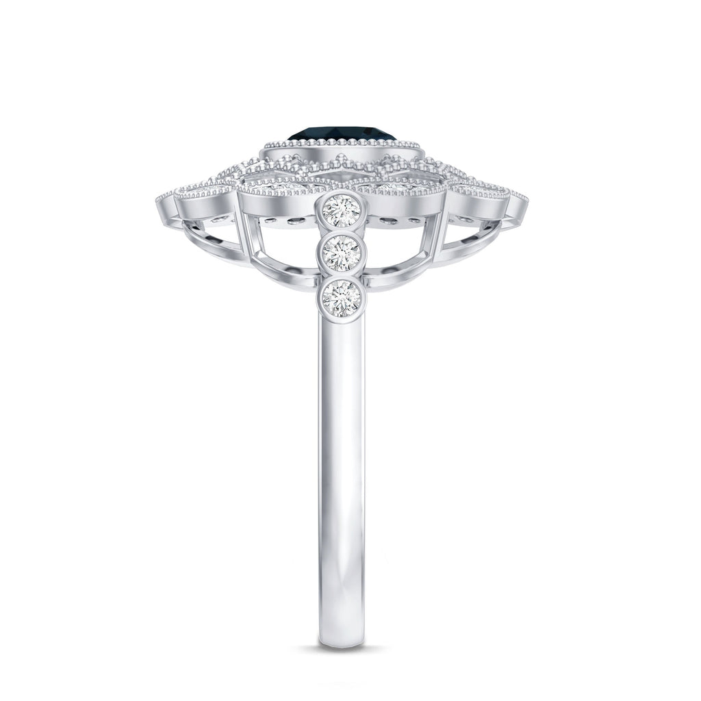 Genuine London Blue Topaz and Diamond Statement Ring with Beaded Details