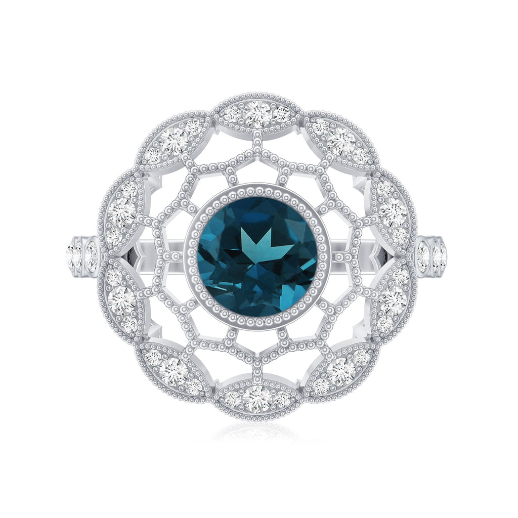 Genuine London Blue Topaz and Diamond Statement Ring with Beaded Details