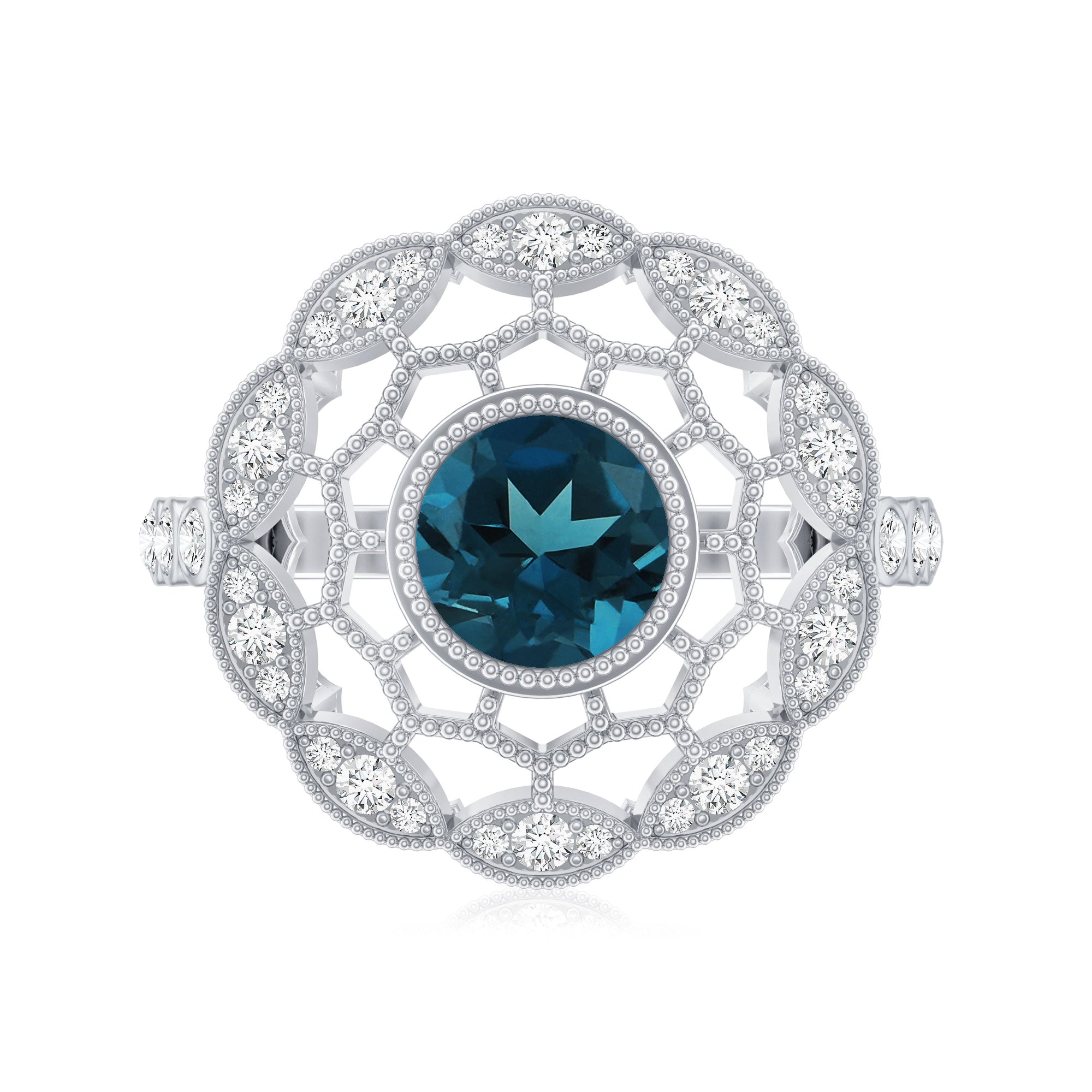 Genuine London Blue Topaz and Diamond Statement Ring with Beaded Details