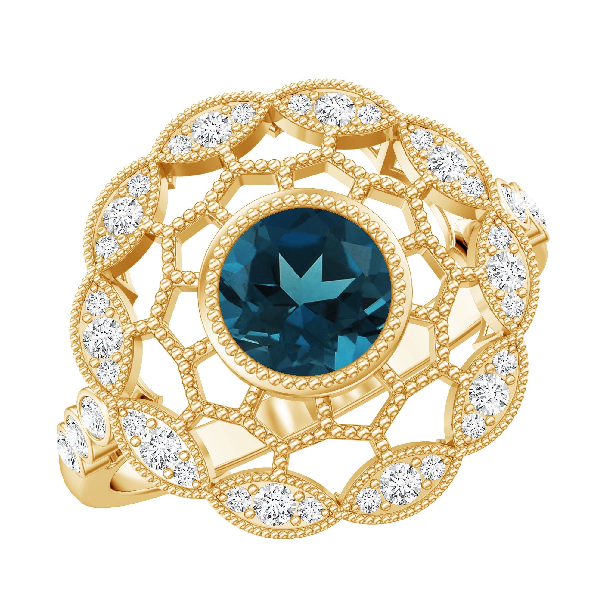 Genuine London Blue Topaz and Diamond Statement Ring with Beaded Details