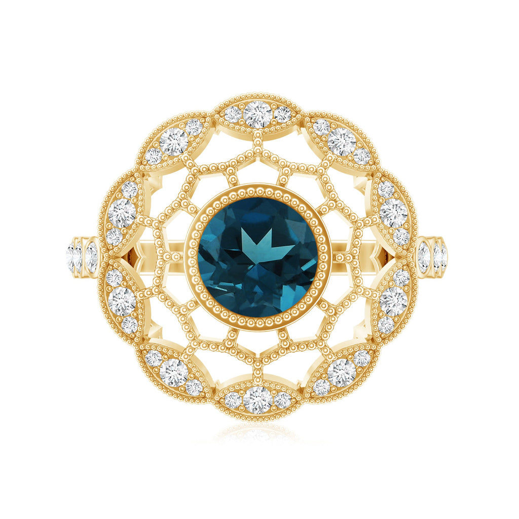 Genuine London Blue Topaz and Diamond Statement Ring with Beaded Details