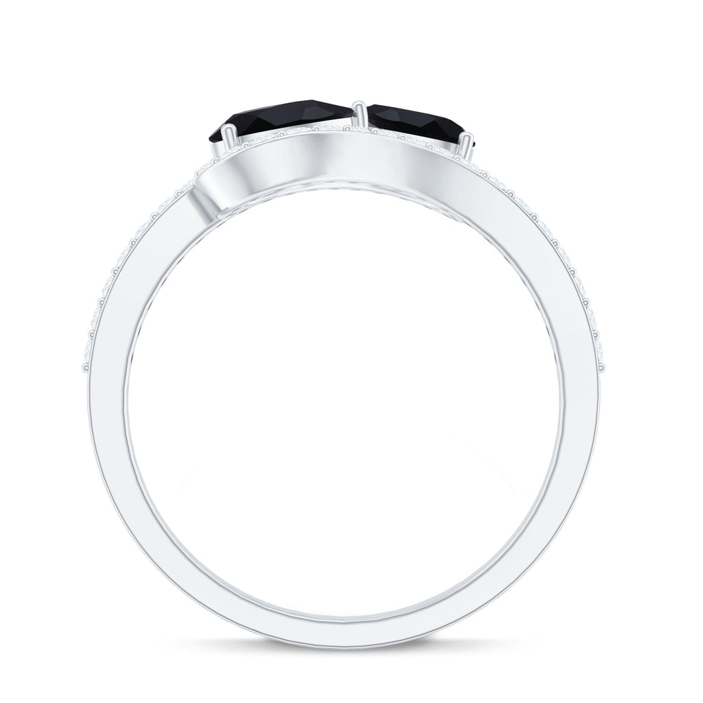 Pear Cut Black Onyx Two Stone Engagement Ring with Diamond