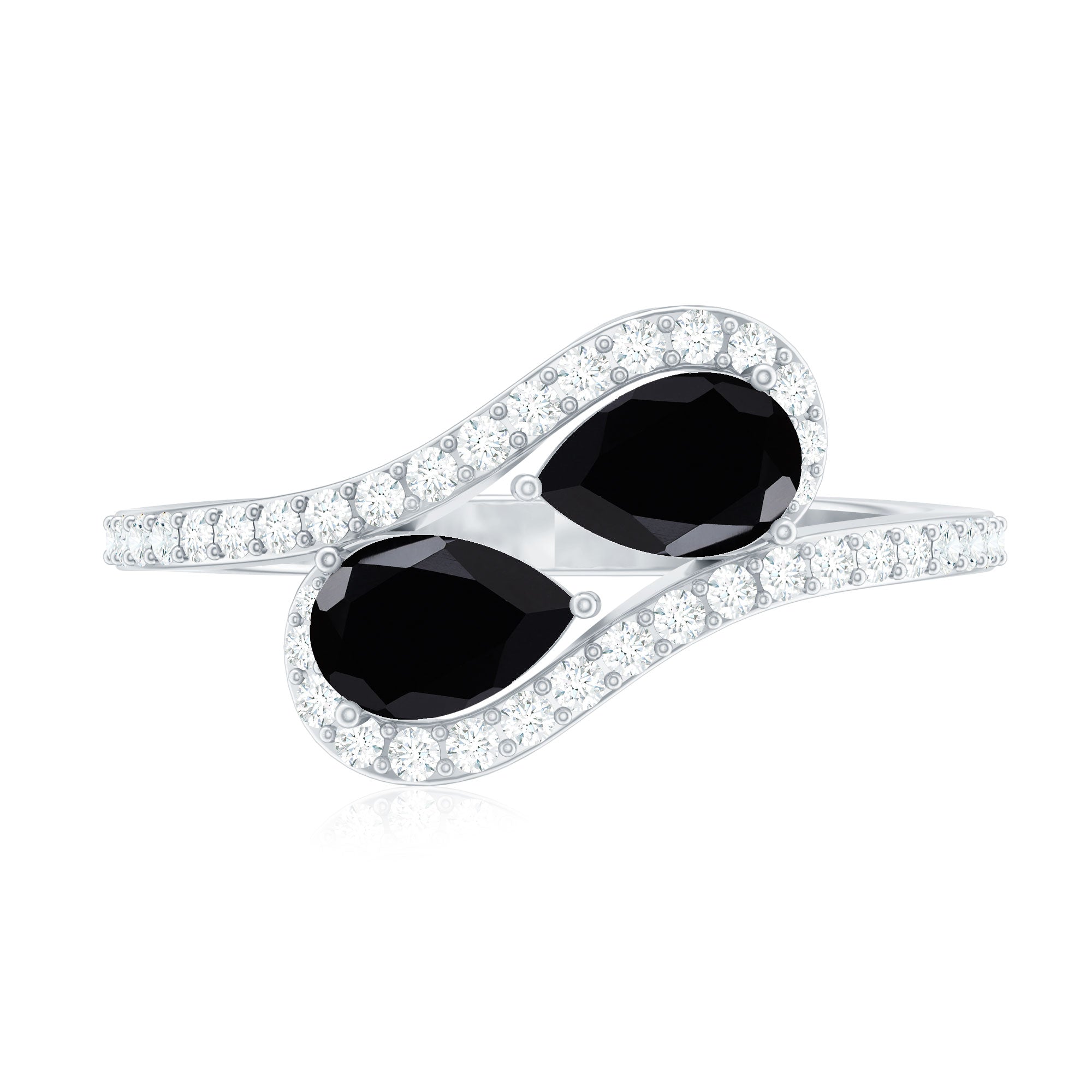 Pear Cut Black Onyx Two Stone Engagement Ring with Diamond