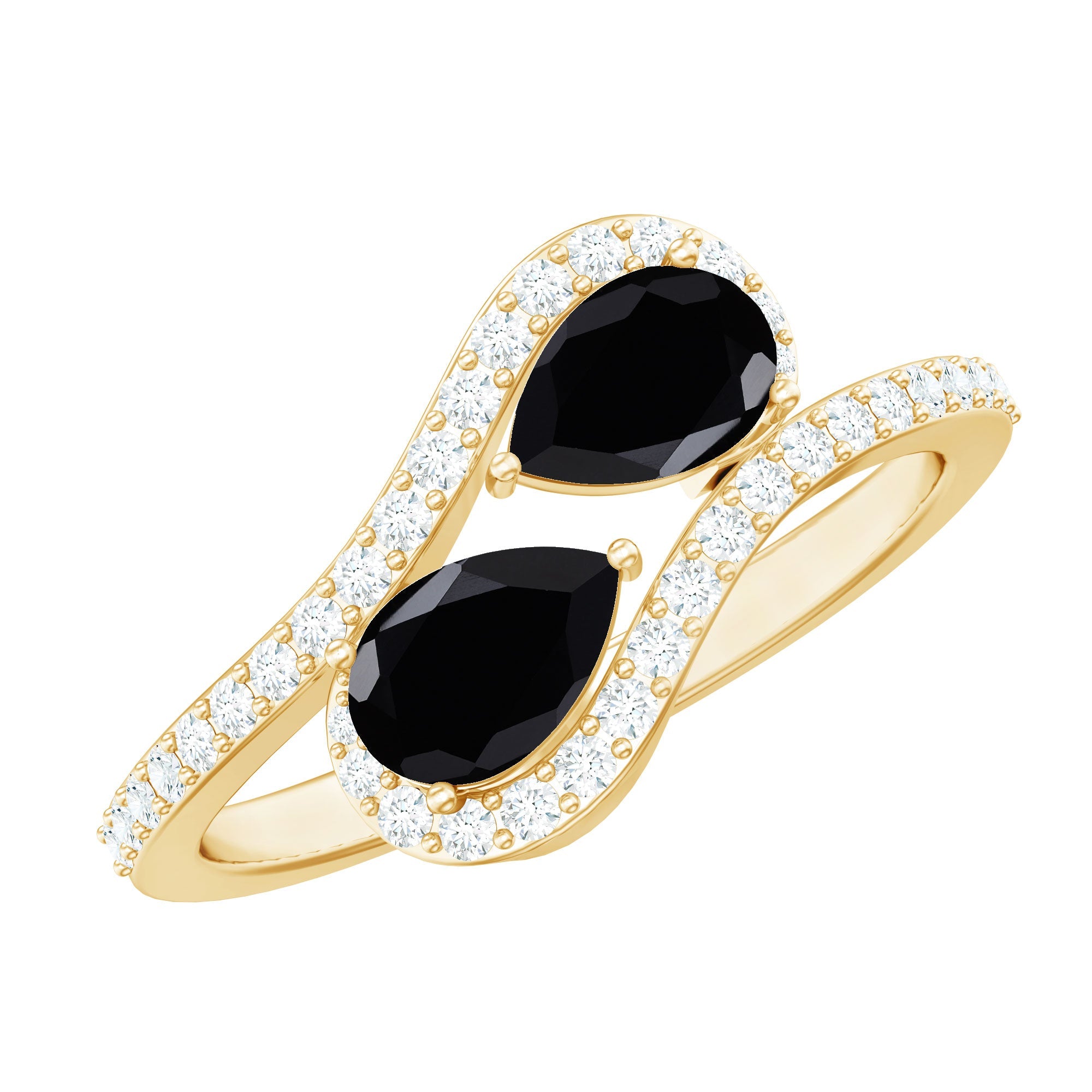 Pear Cut Black Onyx Two Stone Engagement Ring with Diamond