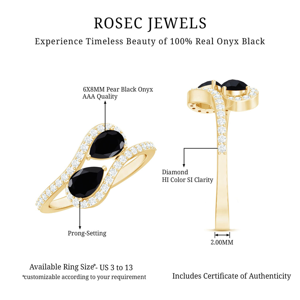 Pear Cut Black Onyx Two Stone Engagement Ring with Diamond