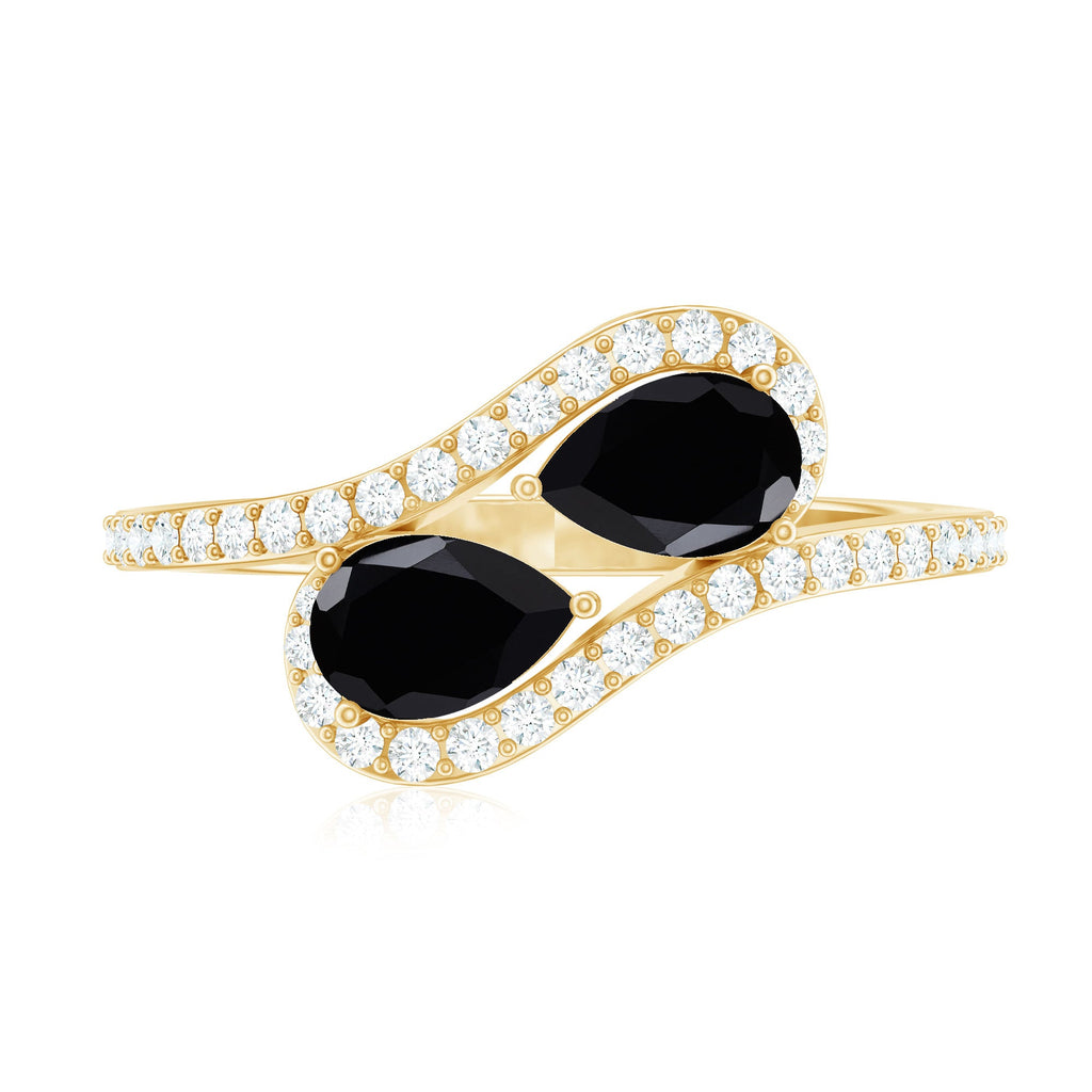 Pear Cut Black Onyx Two Stone Engagement Ring with Diamond