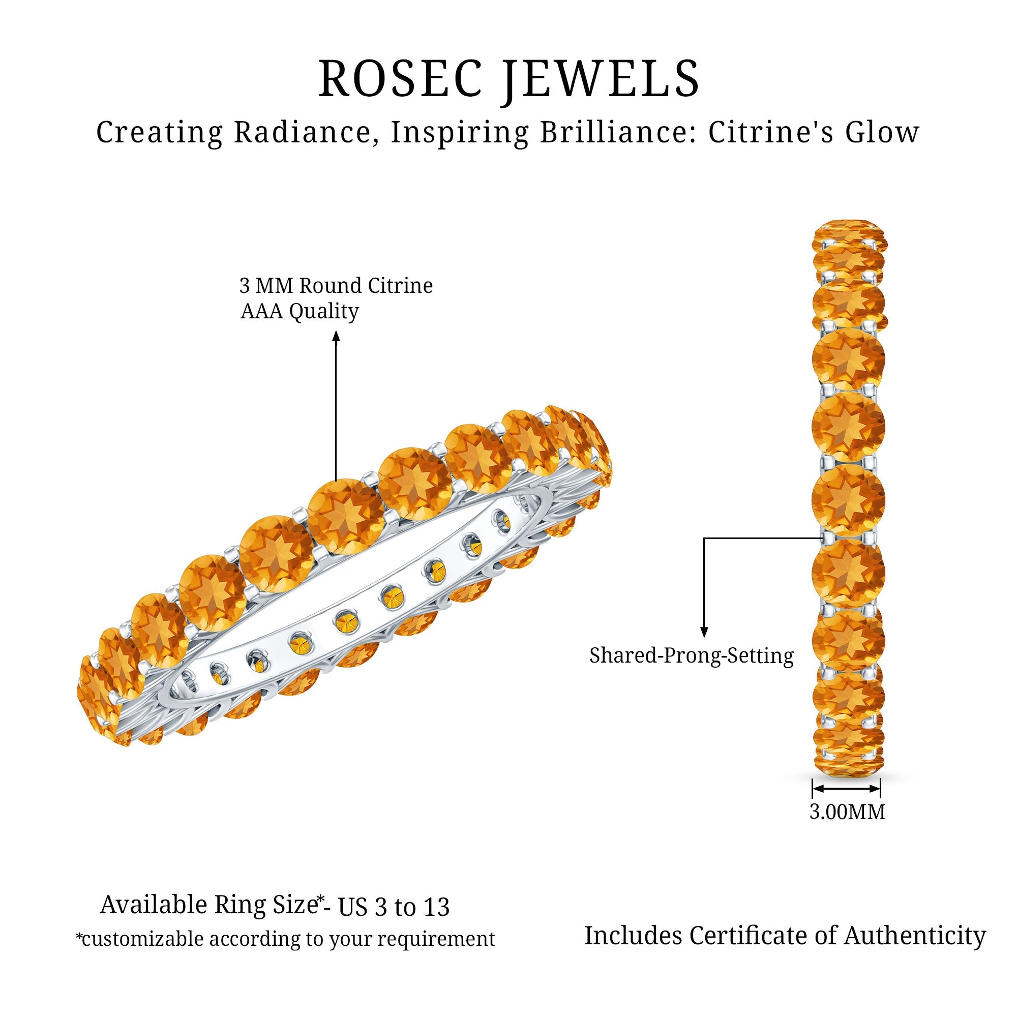 Citrine Eternity Ring – Round Cut Citrine Full Eternity Band With Shared Prong Setting