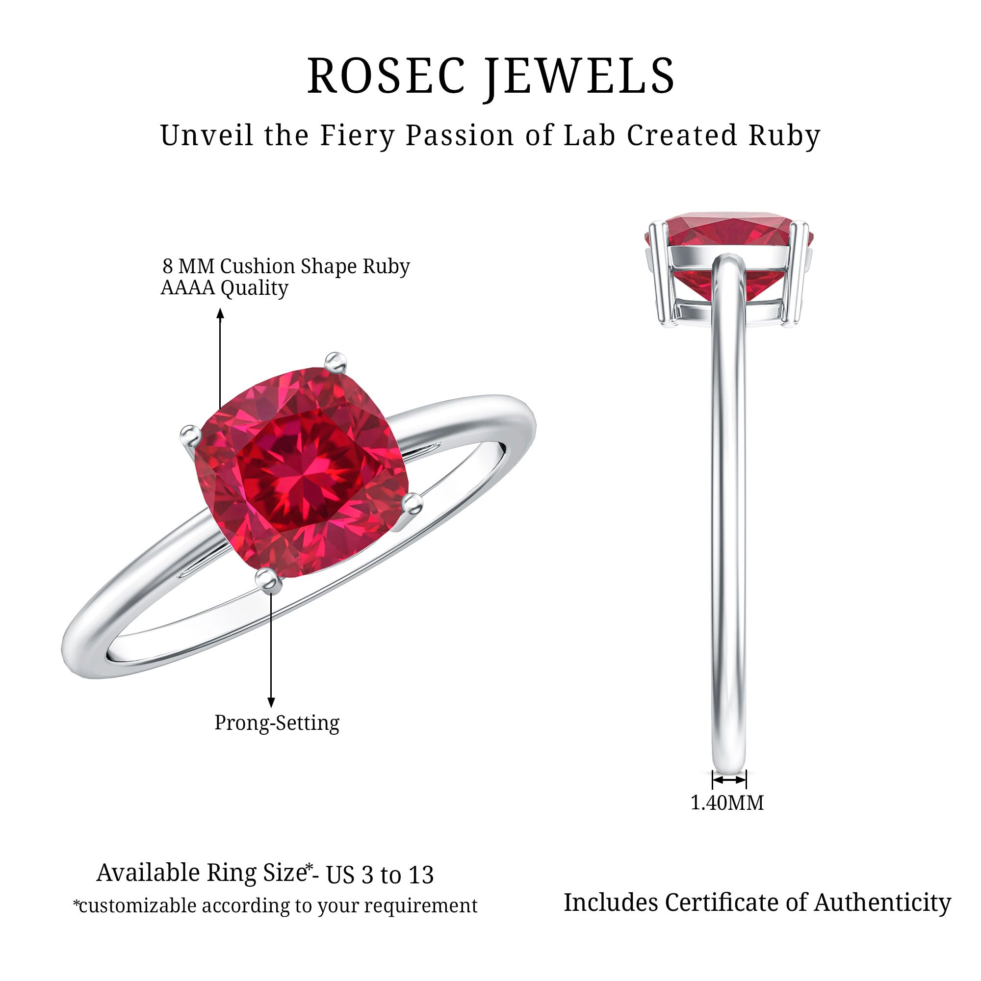 Lab Grown Ruby Ring – 2 Carat Cushion Cut Solitaire AAA Quality Engagement Jewelry