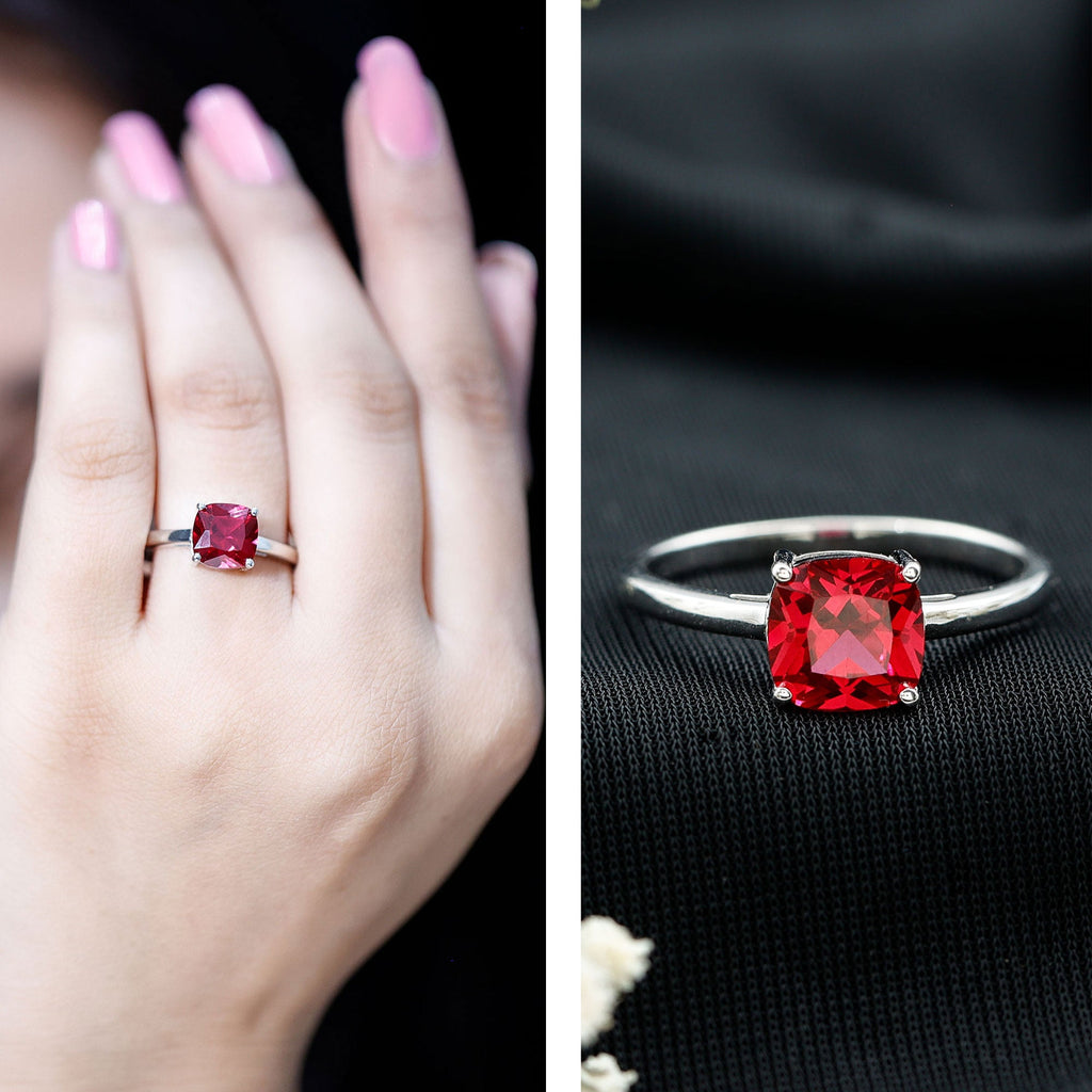 Lab Grown Ruby Ring – 2 Carat Cushion Cut Solitaire AAA Quality Engagement Jewelry