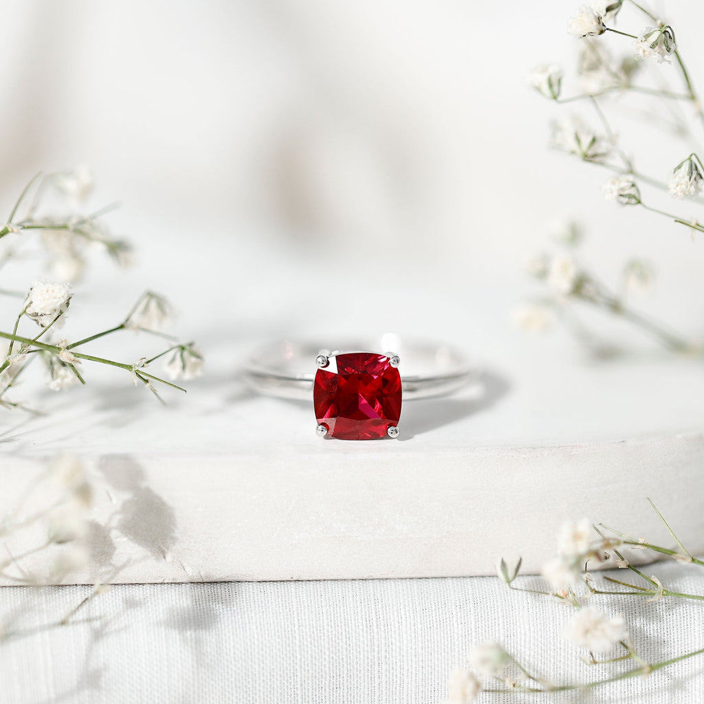 Lab Grown Ruby Ring – 2 Carat Cushion Cut Solitaire AAA Quality Engagement Jewelry