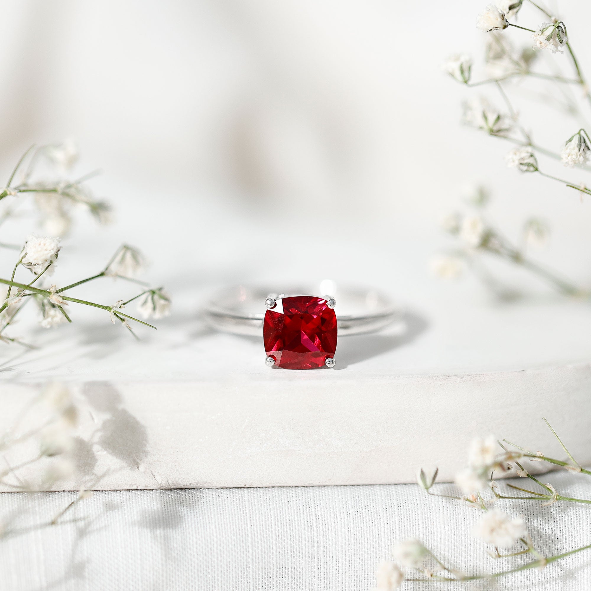 Lab Grown Ruby Ring – 2 Carat Cushion Cut Solitaire AAA Quality Engagement Jewelry