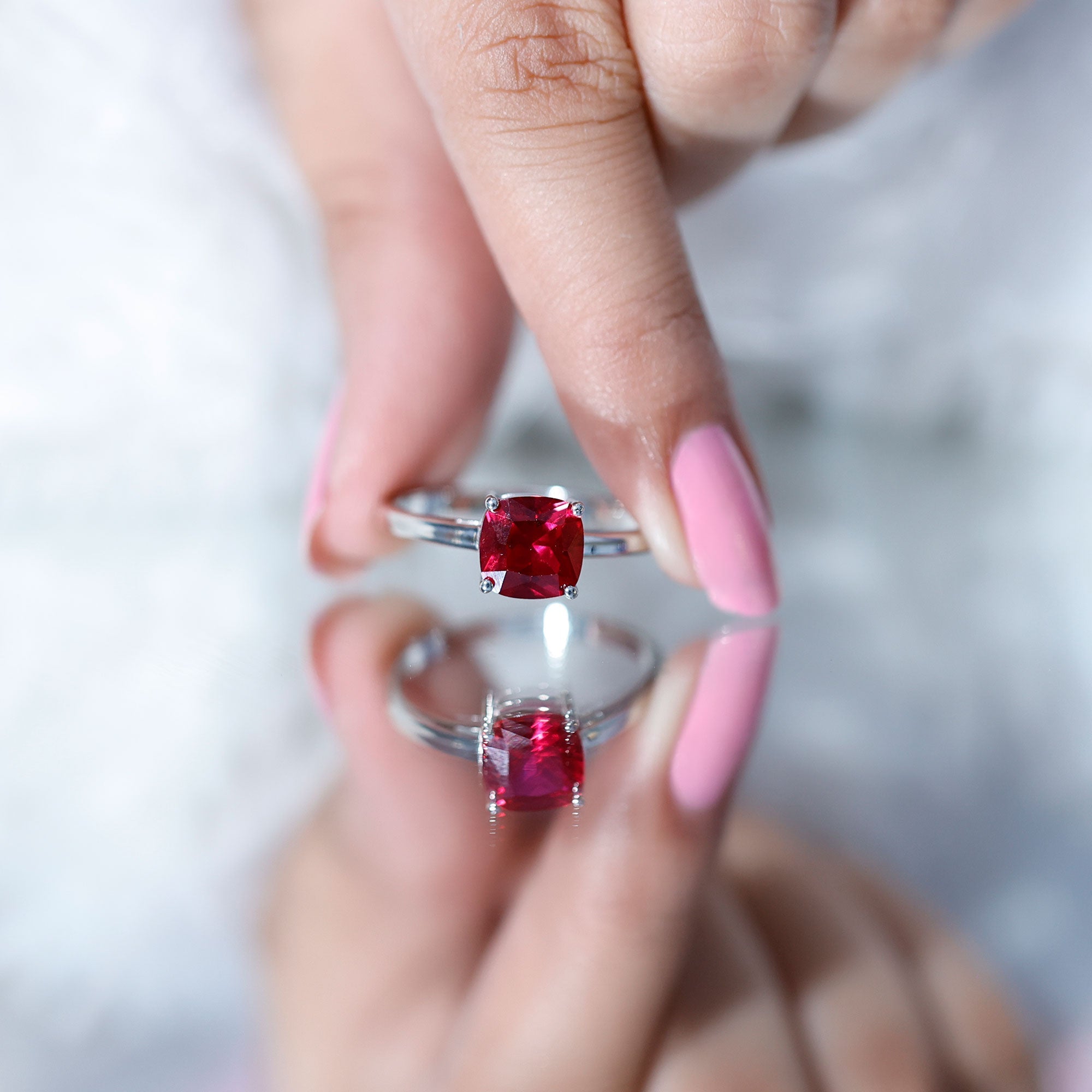 Lab Grown Ruby Ring – 2 Carat Cushion Cut Solitaire AAA Quality Engagement Jewelry