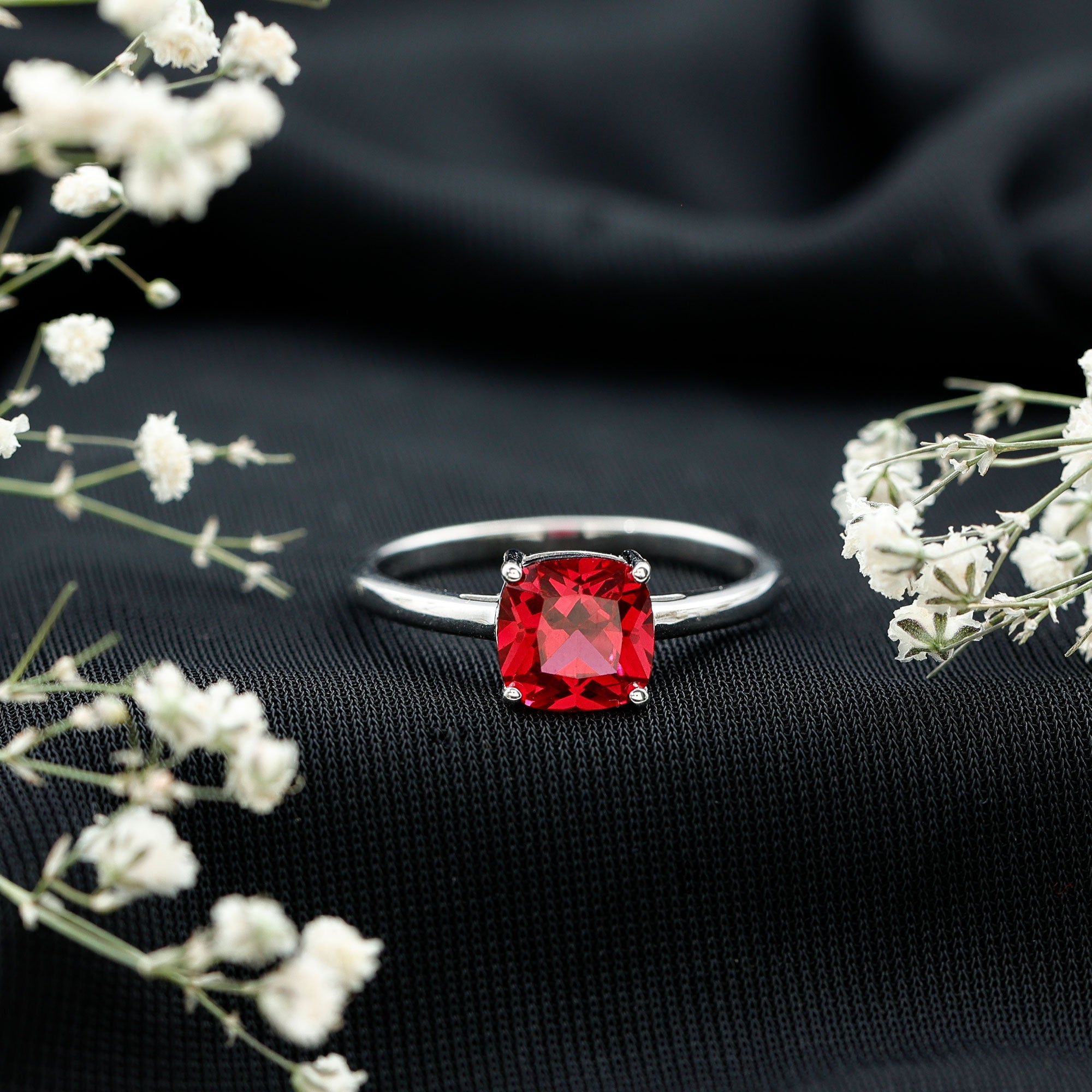 Lab Grown Ruby Ring – 2 Carat Cushion Cut Solitaire AAA Quality Engagement Jewelry