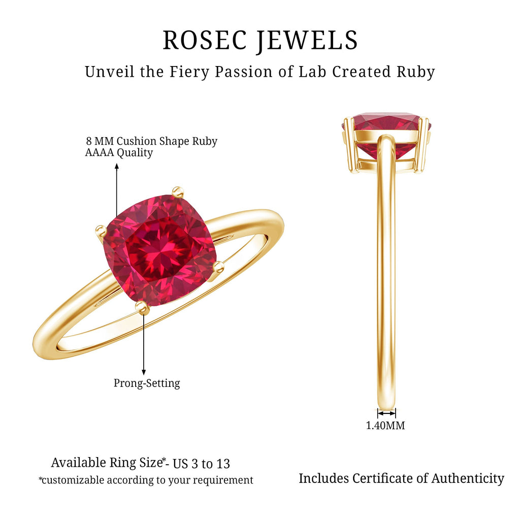 Lab Grown Ruby Ring – 2 Carat Cushion Cut Solitaire AAA Quality Engagement Jewelry