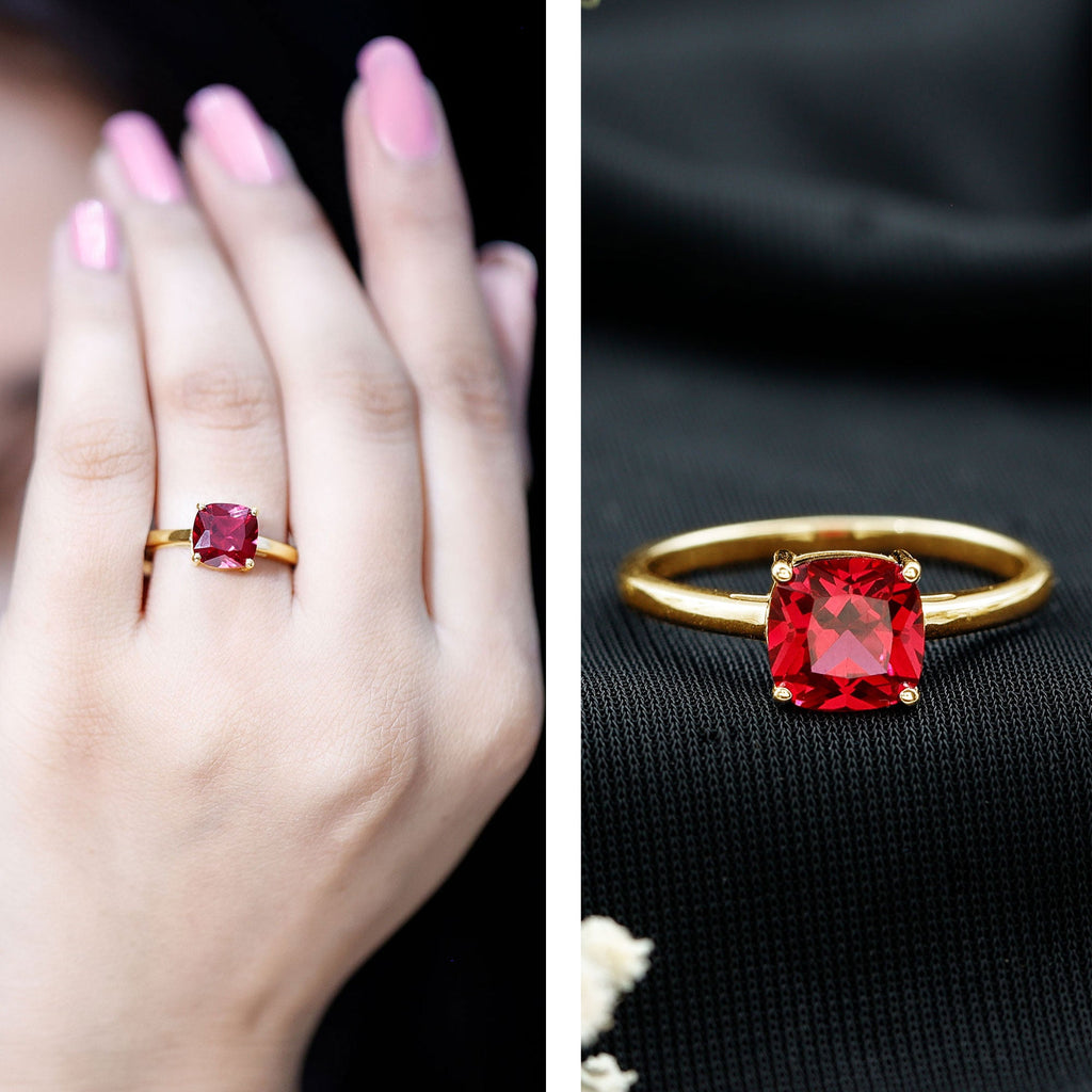 Lab Grown Ruby Ring – 2 Carat Cushion Cut Solitaire AAA Quality Engagement Jewelry