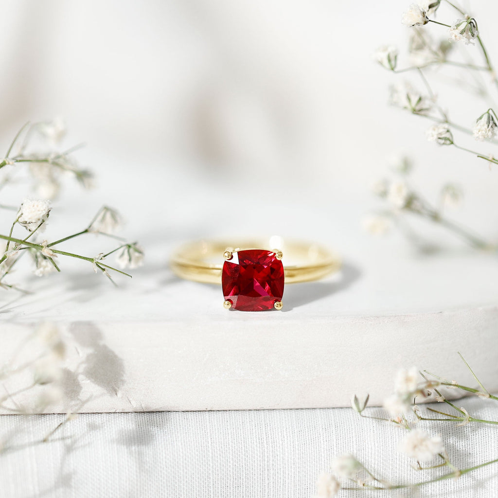 Lab Grown Ruby Ring – 2 Carat Cushion Cut Solitaire AAA Quality Engagement Jewelry