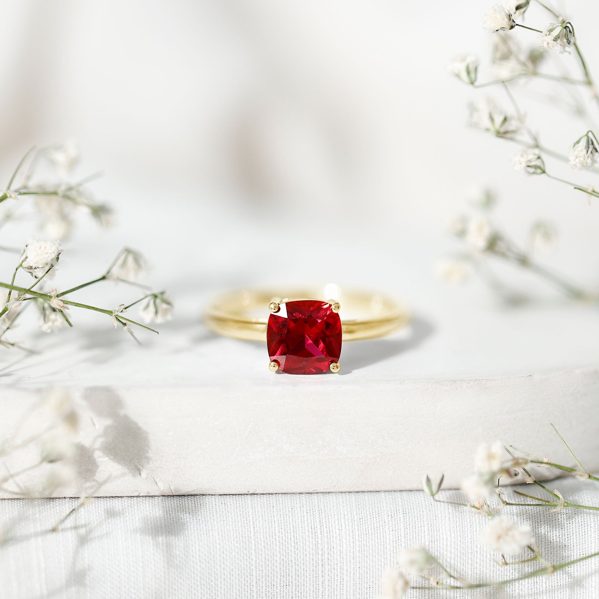 Lab Grown Ruby Ring – 2 Carat Cushion Cut Solitaire AAA Quality Engagement Jewelry