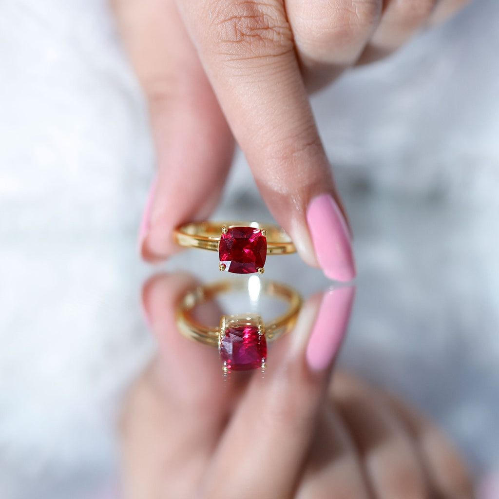 Lab Grown Ruby Ring – 2 Carat Cushion Cut Solitaire AAA Quality Engagement Jewelry