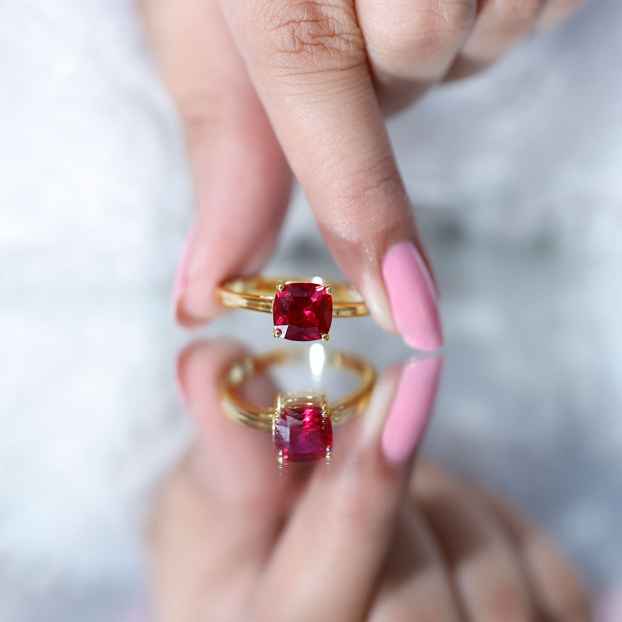 Lab Grown Ruby Ring – 2 Carat Cushion Cut Solitaire AAA Quality Engagement Jewelry