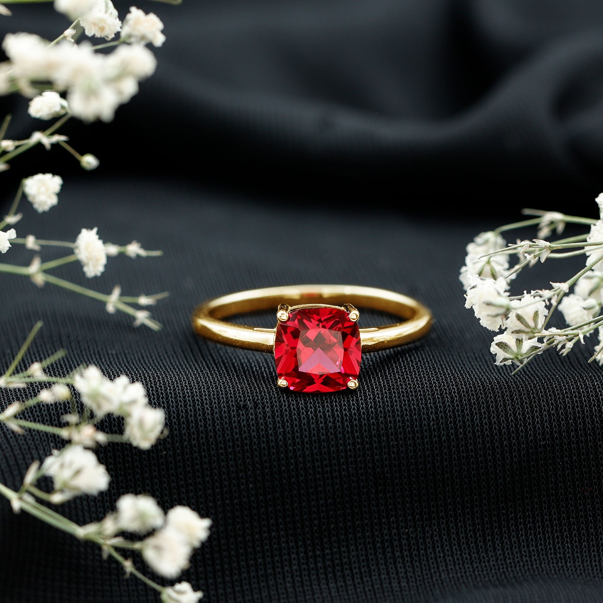Lab Grown Ruby Ring – 2 Carat Cushion Cut Solitaire AAA Quality Engagement Jewelry