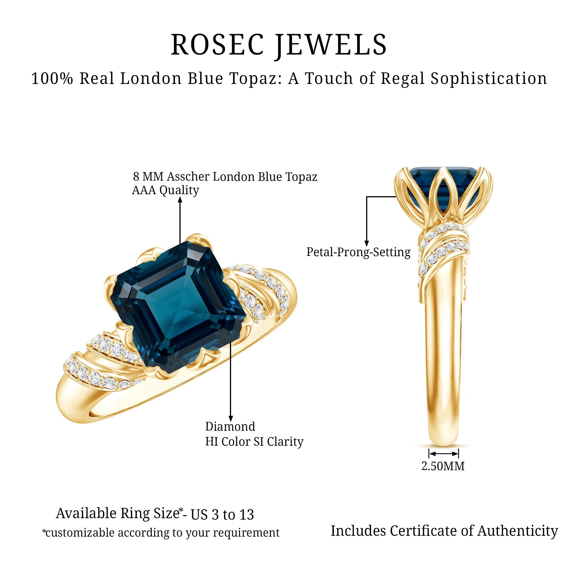 3 Carat Asscher Cut London Blue Topaz Designer Solitaire Engagement Ring