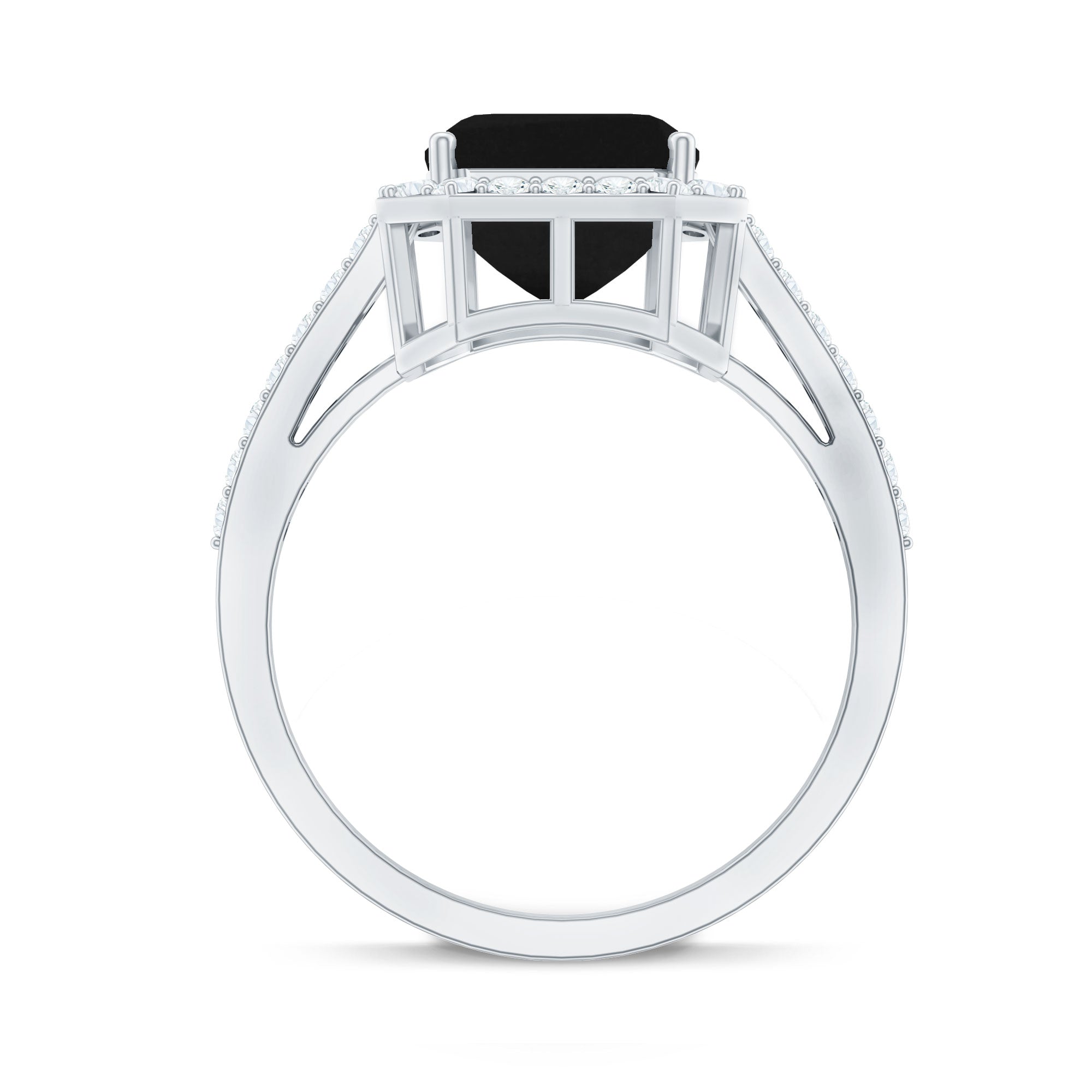 3.4 Carat Lab Grown Black Diamond Emerald Cut Engagement Ring with White Diamond Halo