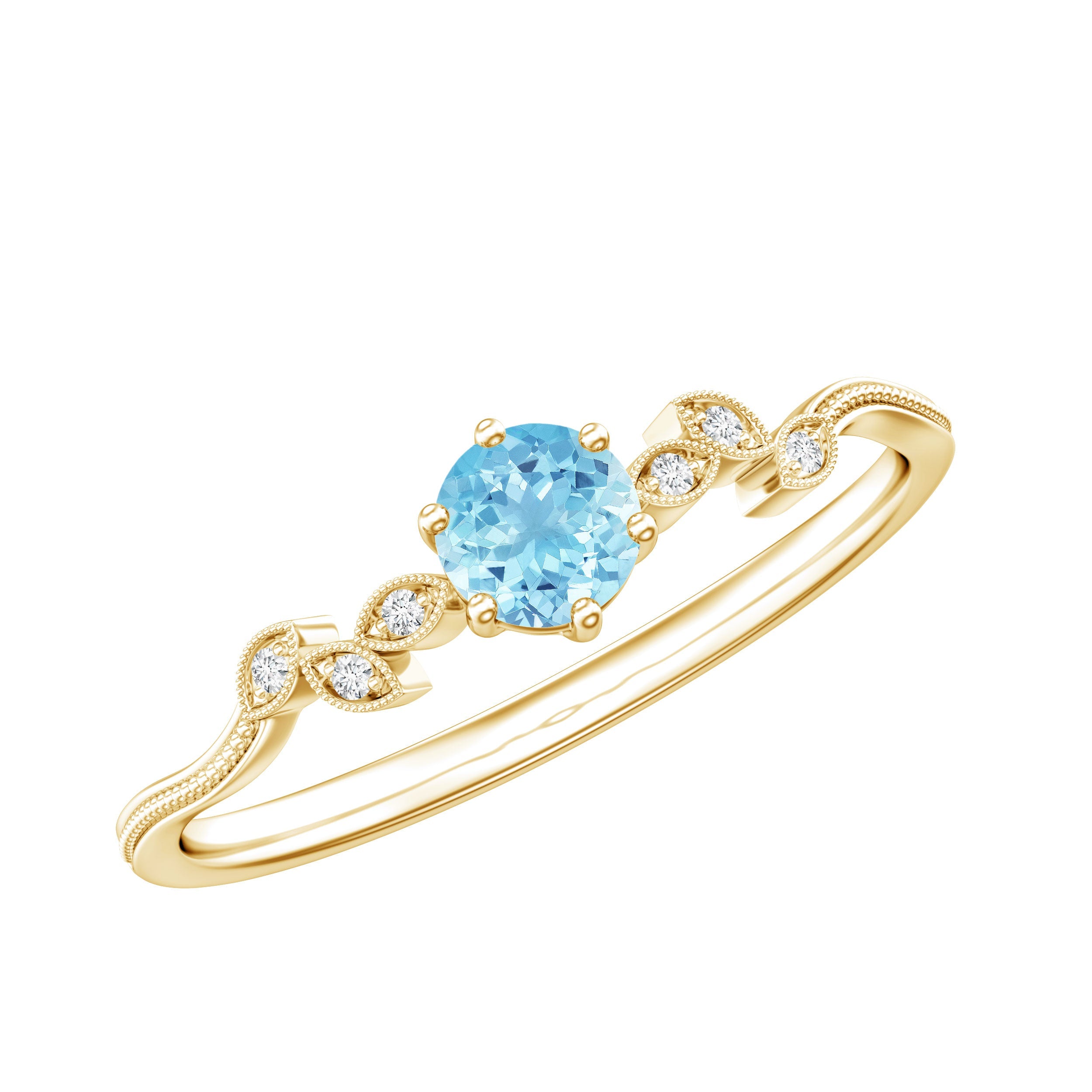 Aquamarine Promise Ring – Round Cut Blue Gemstone With Diamond Leaf Design