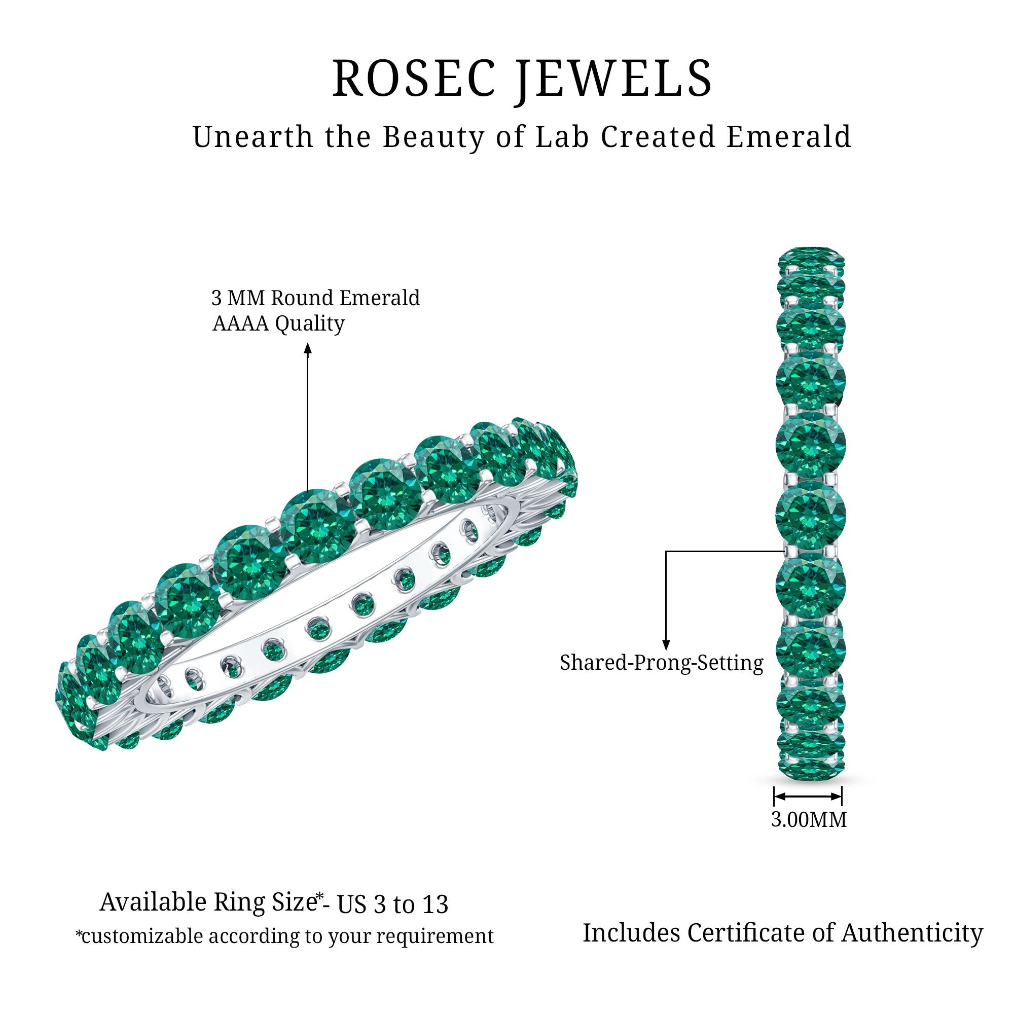 Emerald Eternity Ring – Lab Created Emerald Full Eternity Band with Round Cut Gemstones
