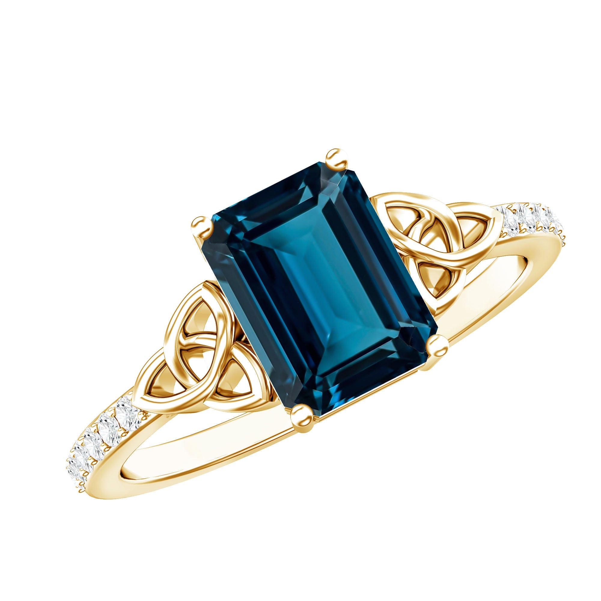 Emerald Cut London Blue Topaz Celtic Engagement Ring with Diamond