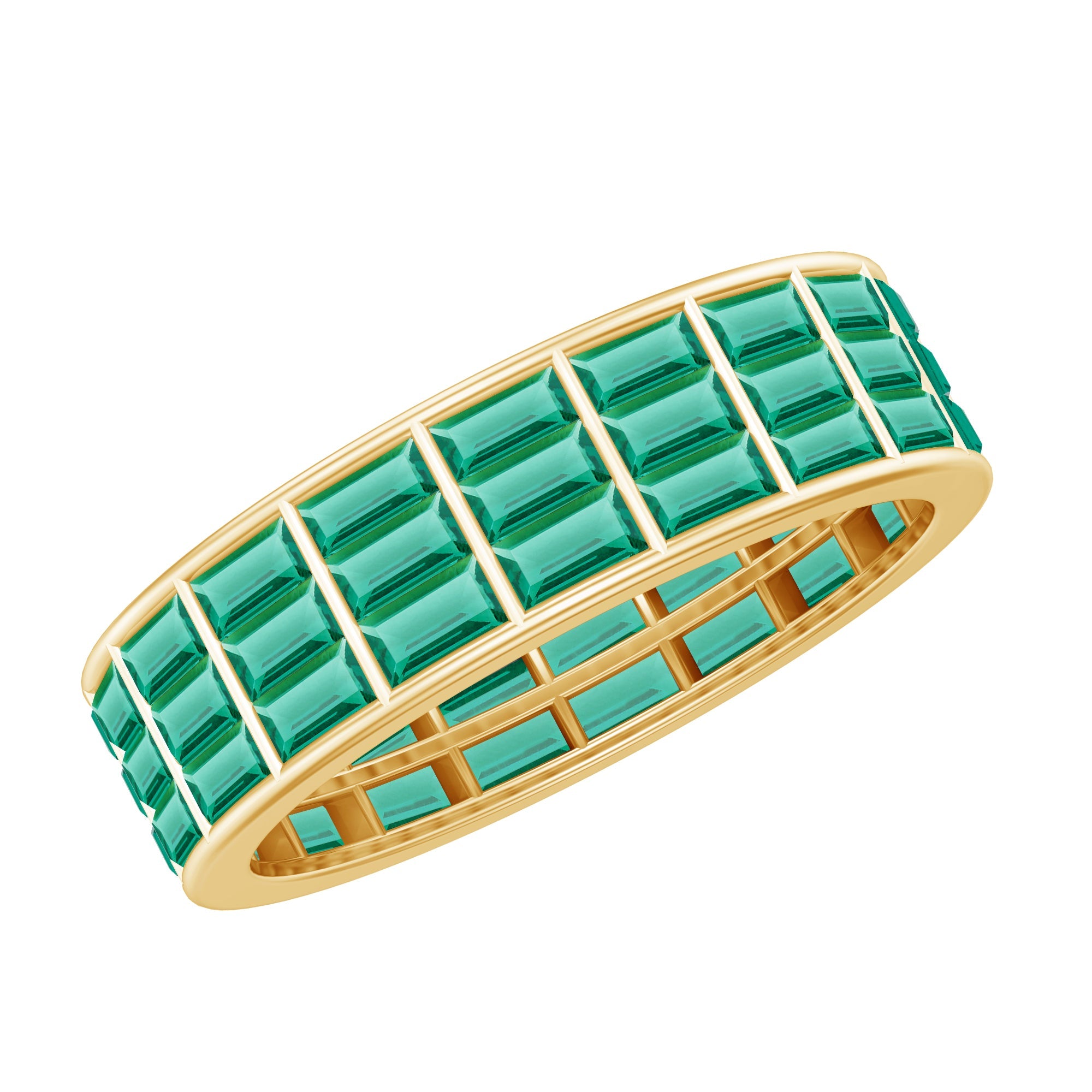 Lab Grown Emerald Ring – 3 Row Eternity Band With Baguette Cut Emeralds