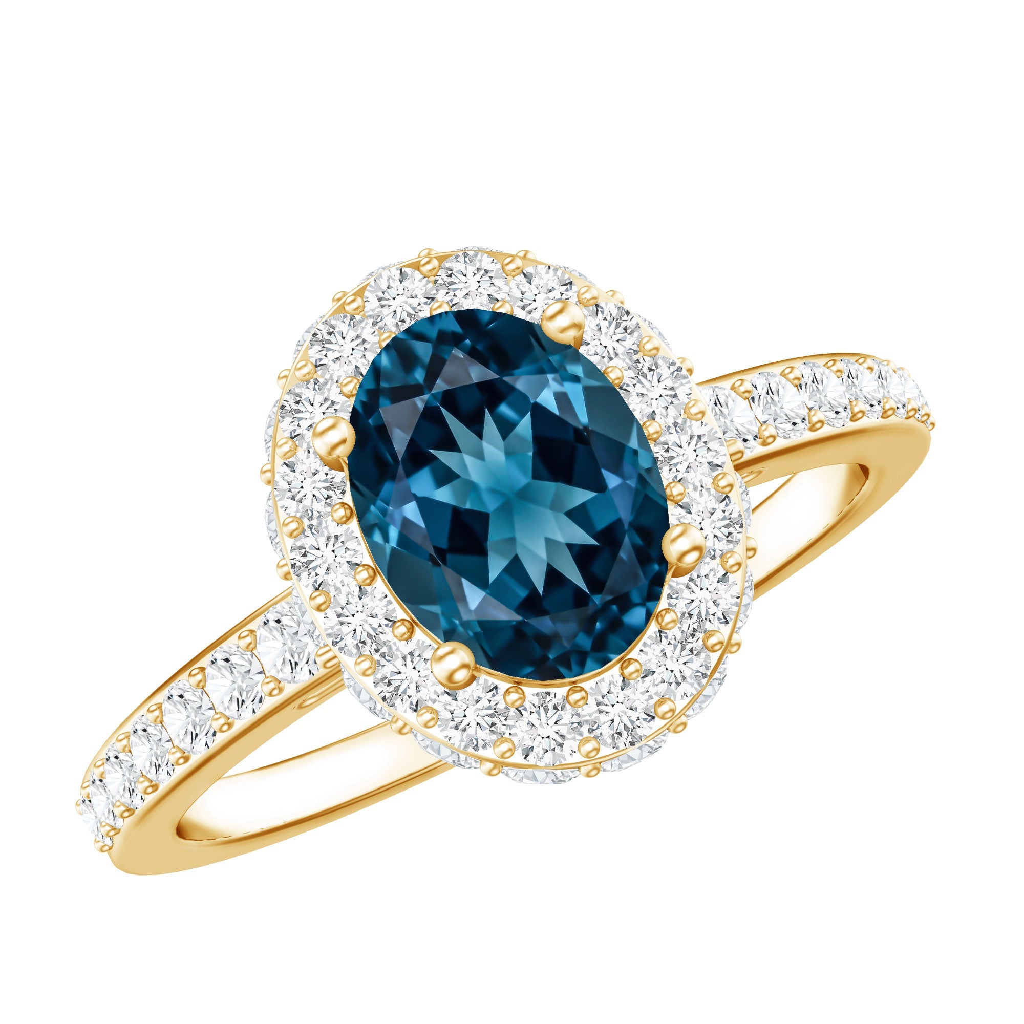 Genuine London Blue Topaz Classic Engagement Ring with Moissanite Halo