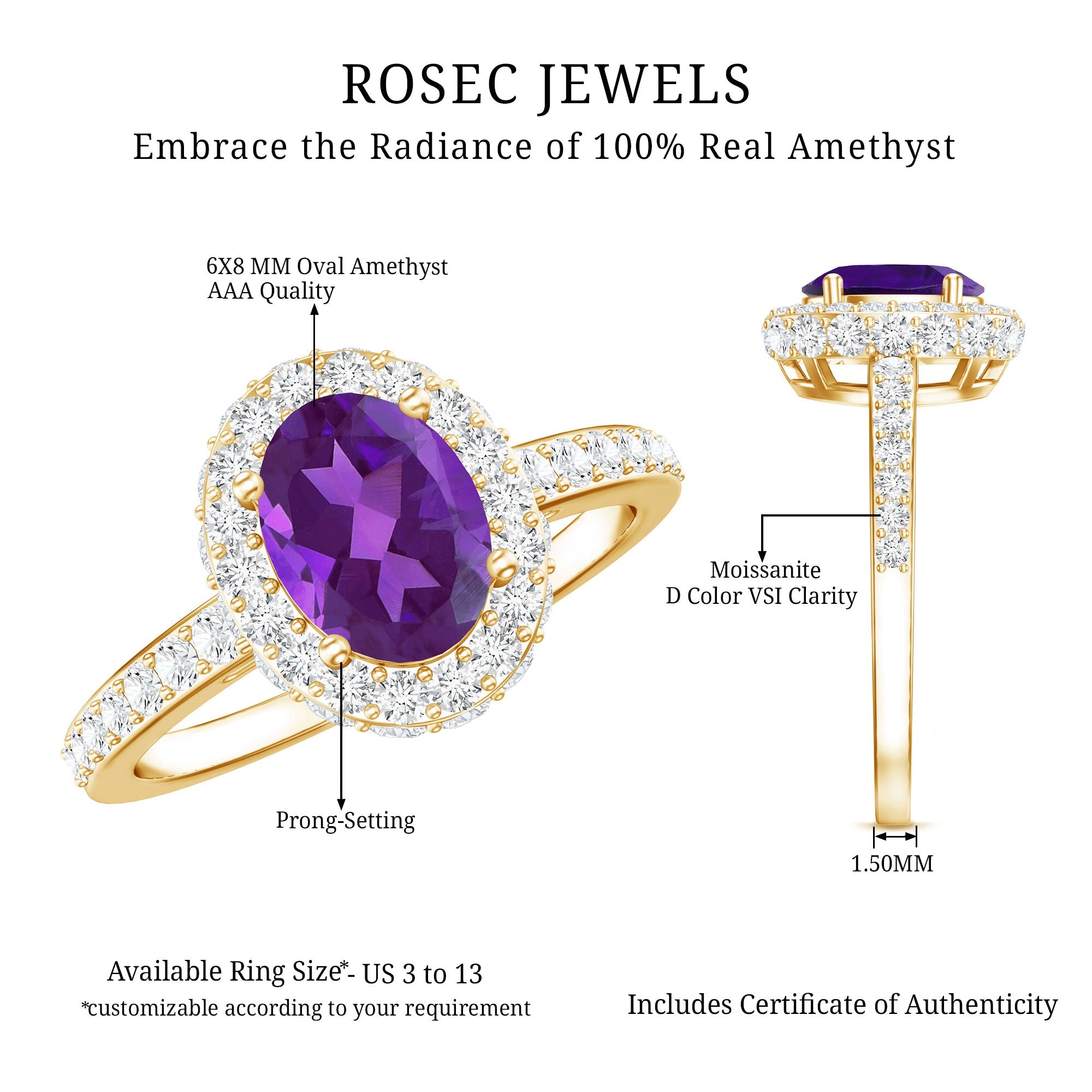 Natural 1 Carat Amethyst Oval Engagement Ring with Moissanite Halo