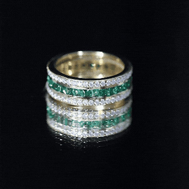 Lab Grown Emerald Ring – Three Row Eternity Band With Princess Cut Emeralds