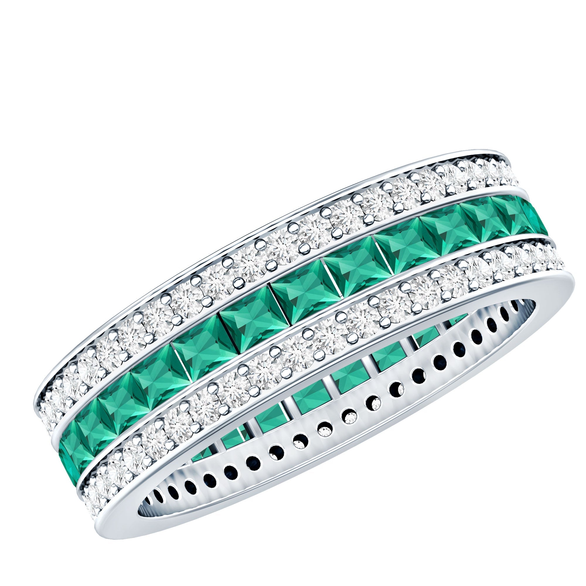 Lab Grown Emerald Ring – Three Row Eternity Band With Princess Cut Emeralds