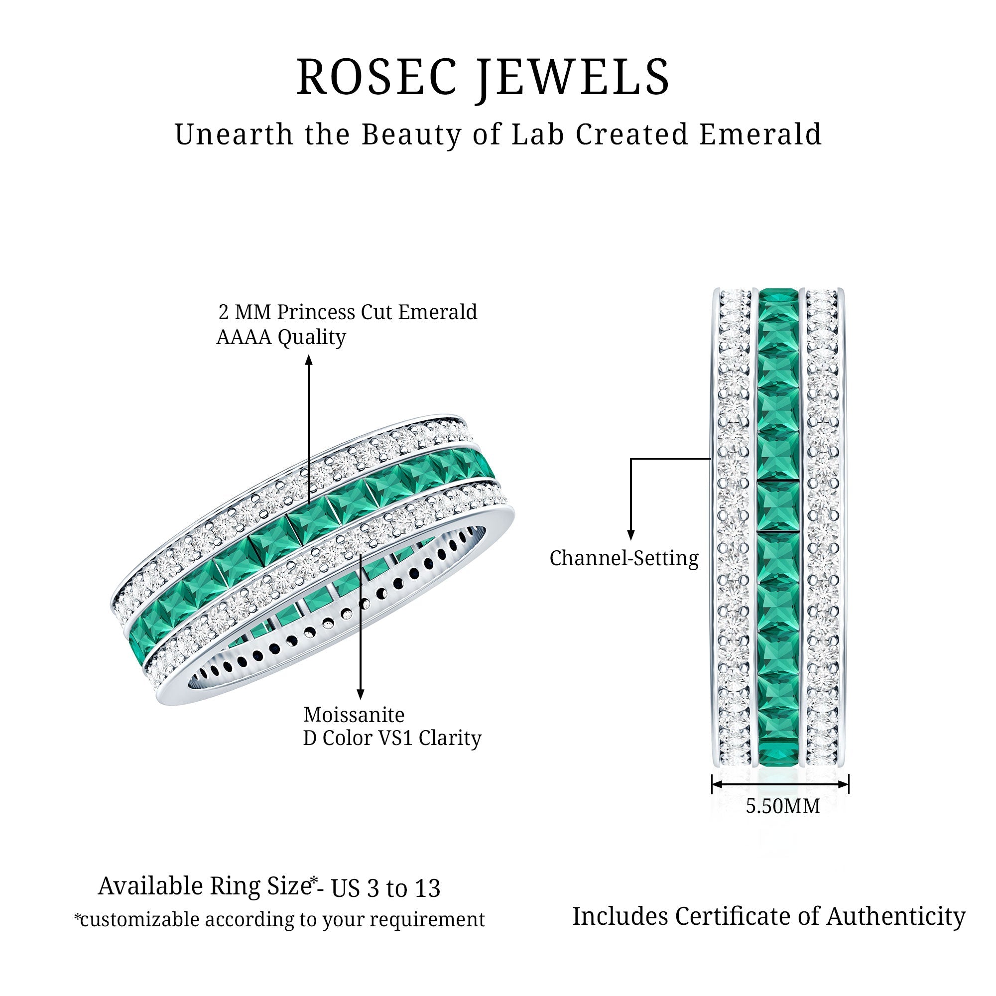 Lab Grown Emerald Ring – Three Row Eternity Band With Princess Cut Emeralds