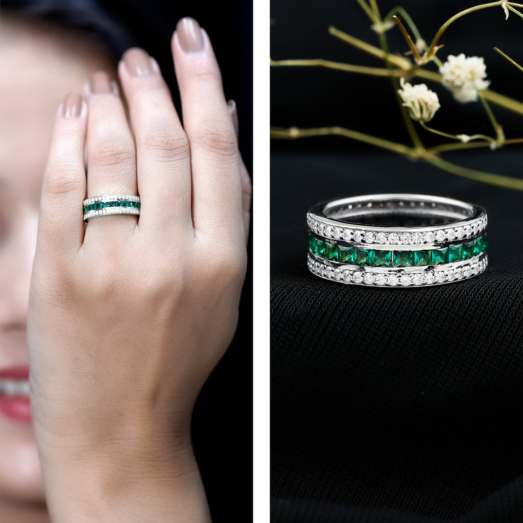 Lab Grown Emerald Ring – Three Row Eternity Band With Princess Cut Emeralds