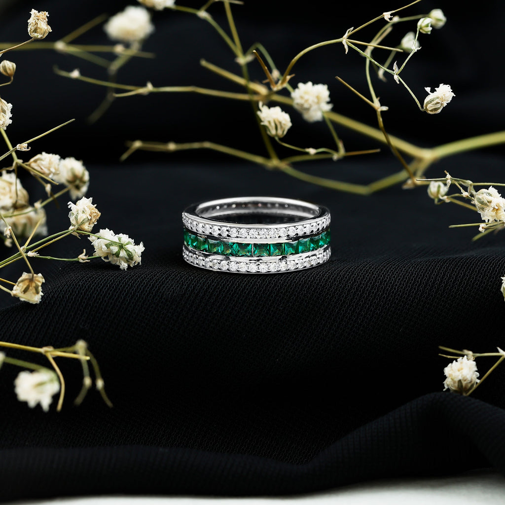 Lab Grown Emerald Ring – Three Row Eternity Band With Princess Cut Emeralds