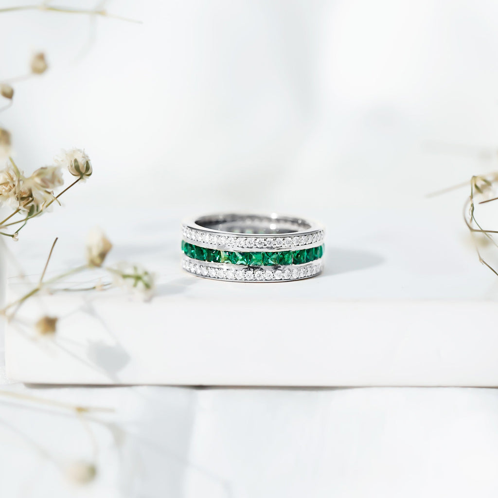 Lab Grown Emerald Ring – Three Row Eternity Band With Princess Cut Emeralds