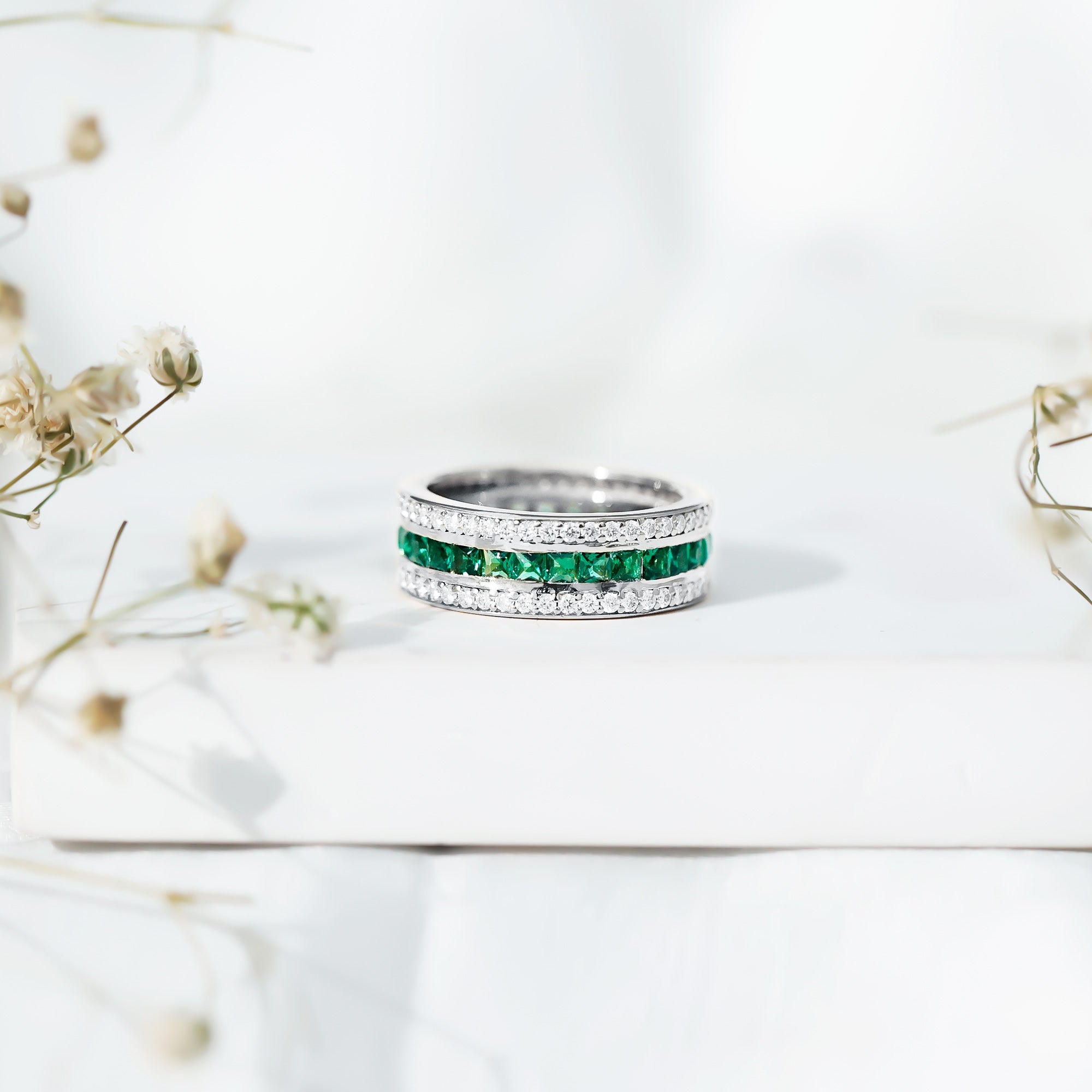Lab Grown Emerald Ring – Three Row Eternity Band With Princess Cut Emeralds