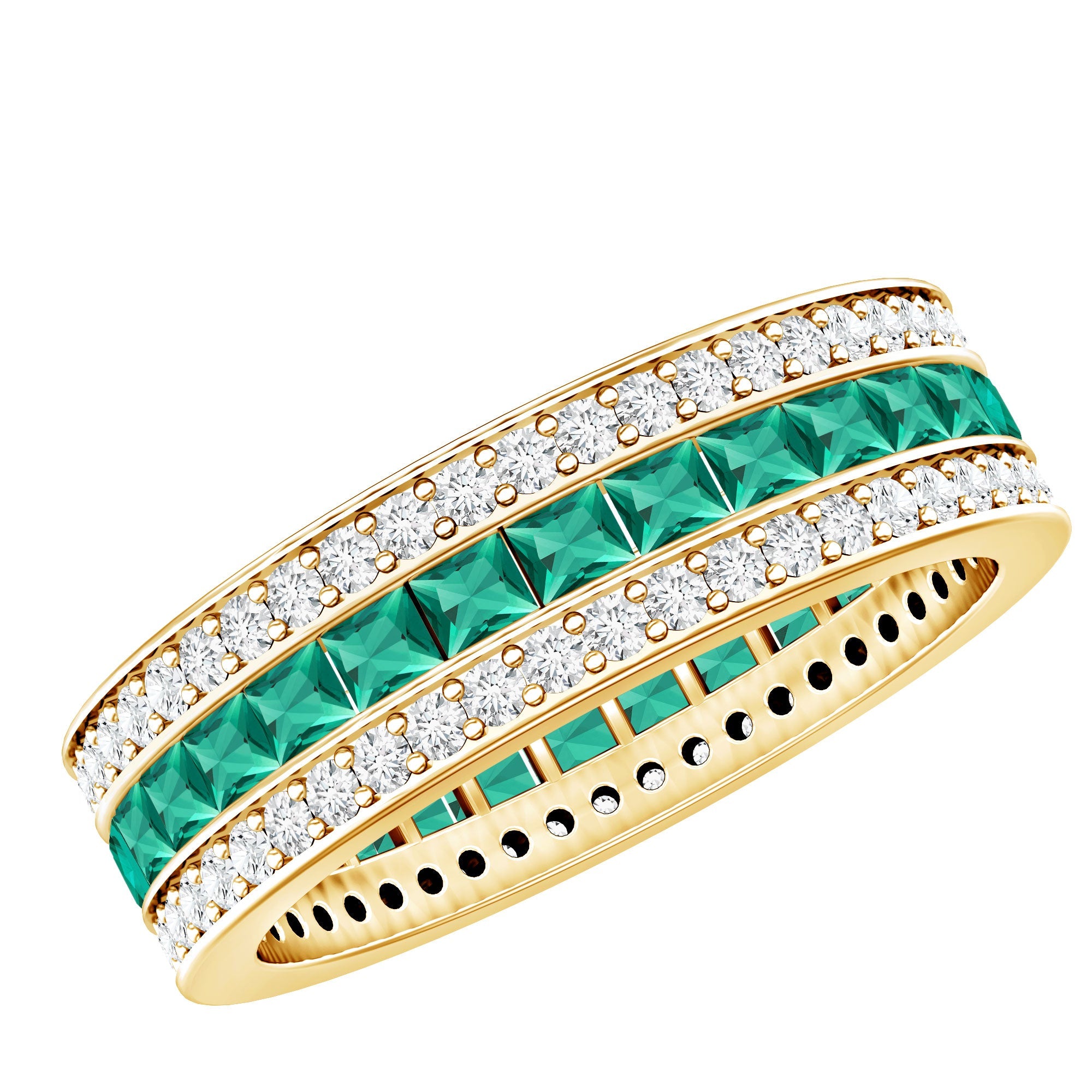 Lab Grown Emerald Ring – Three Row Eternity Band With Princess Cut Emeralds