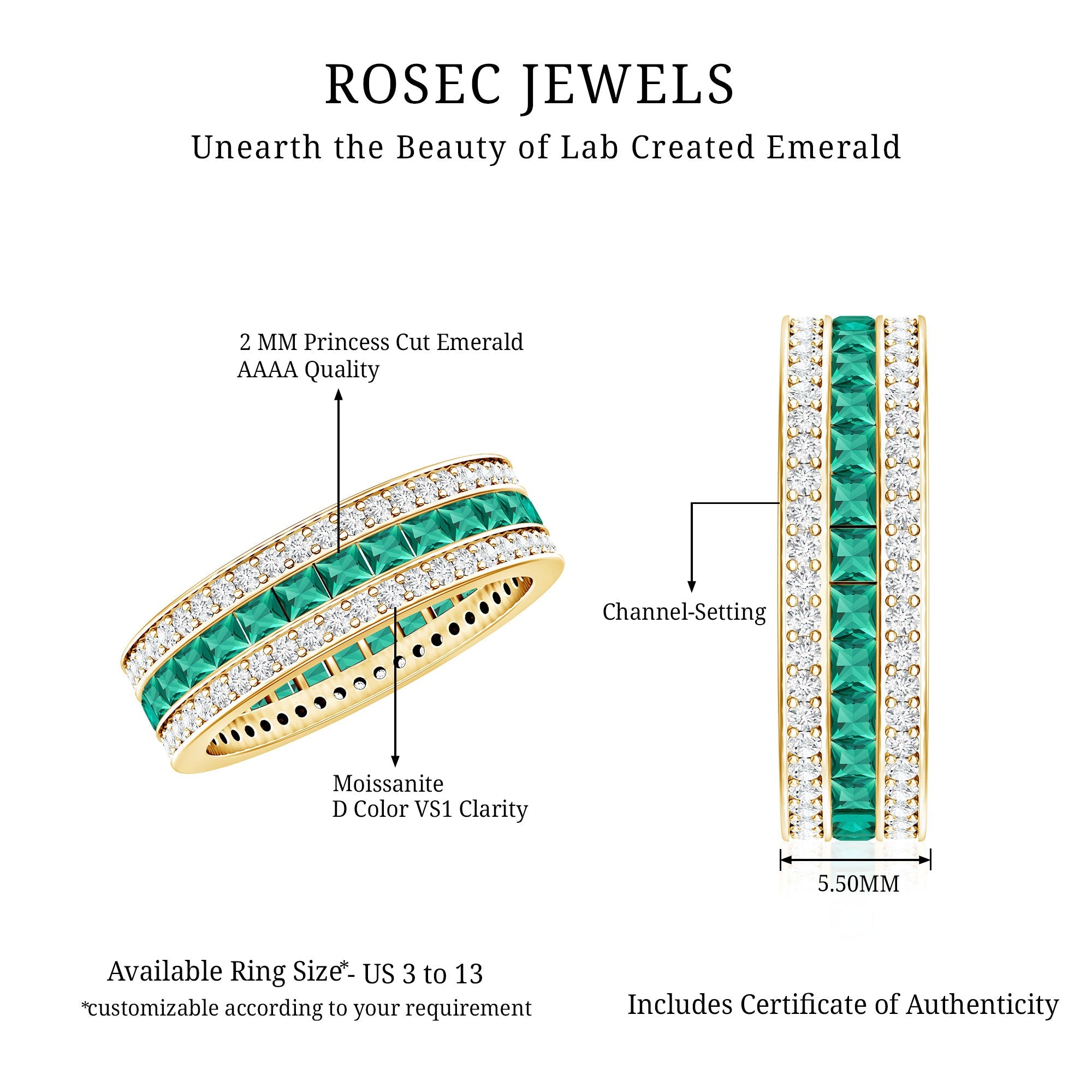 Lab Grown Emerald Ring – Three Row Eternity Band With Princess Cut Emeralds