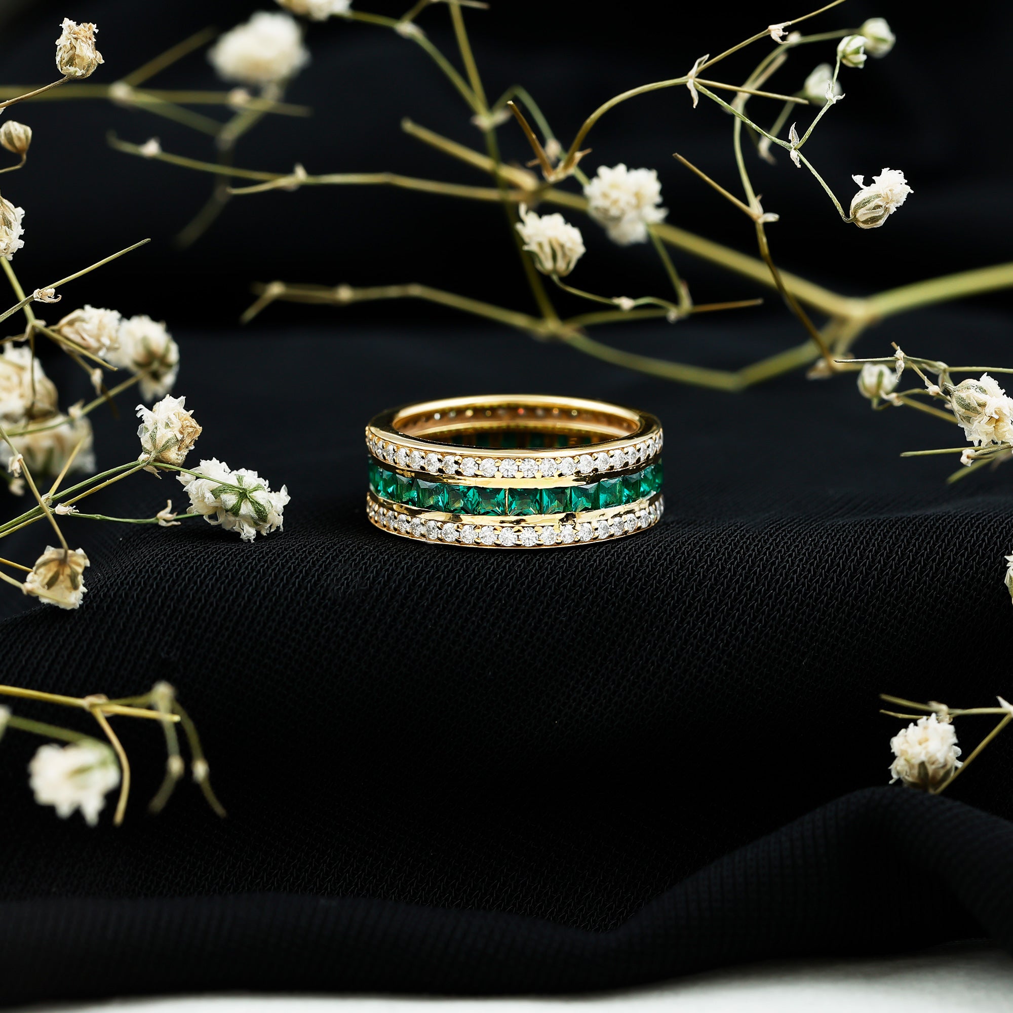 Lab Grown Emerald Ring – Three Row Eternity Band With Princess Cut Emeralds