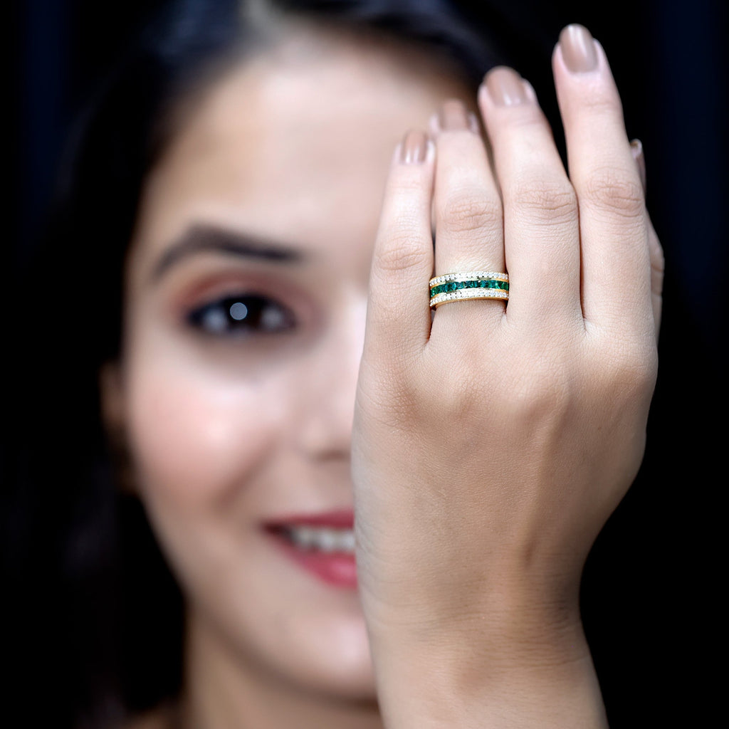 Lab Grown Emerald Ring – Three Row Eternity Band With Princess Cut Emeralds