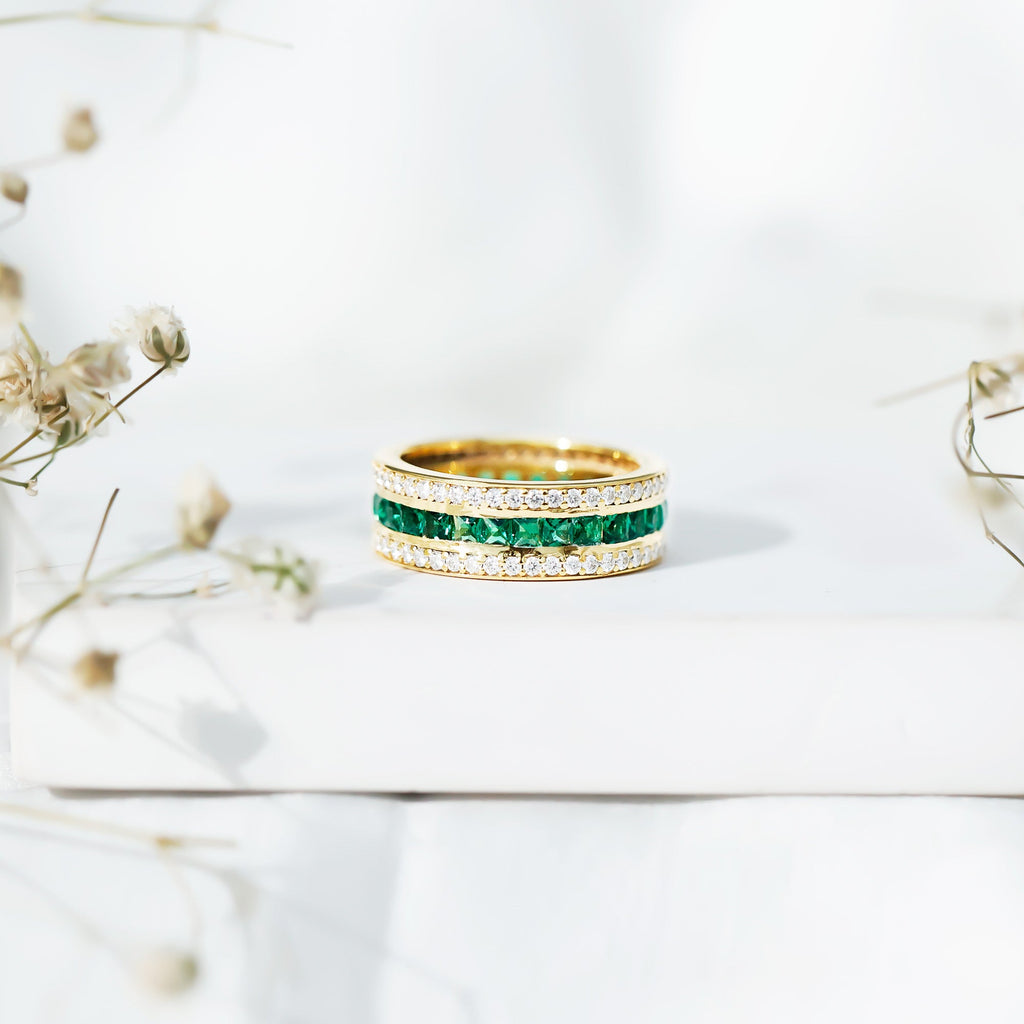Lab Grown Emerald Ring – Three Row Eternity Band With Princess Cut Emeralds