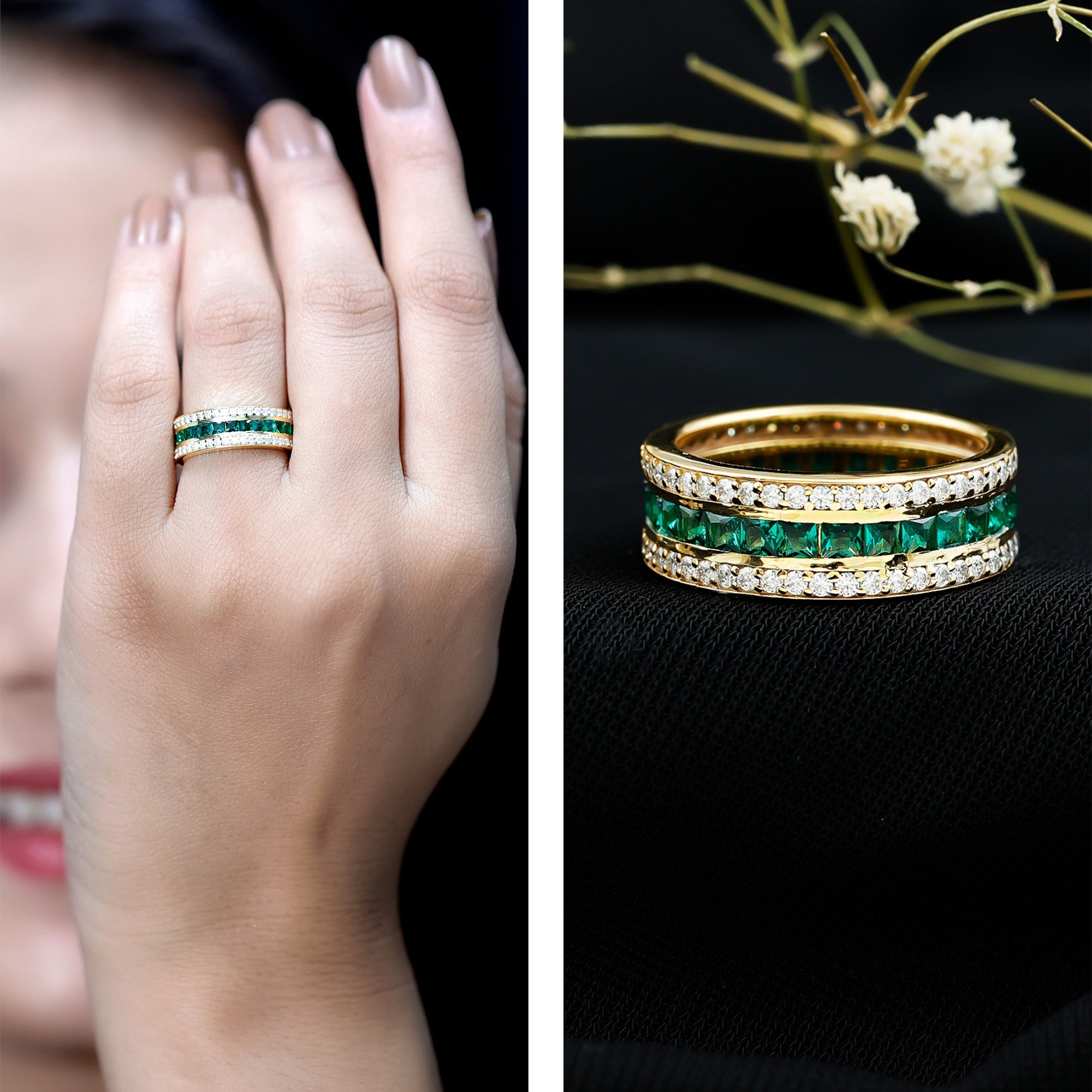 Lab Grown Emerald Ring – Three Row Eternity Band With Princess Cut Emeralds