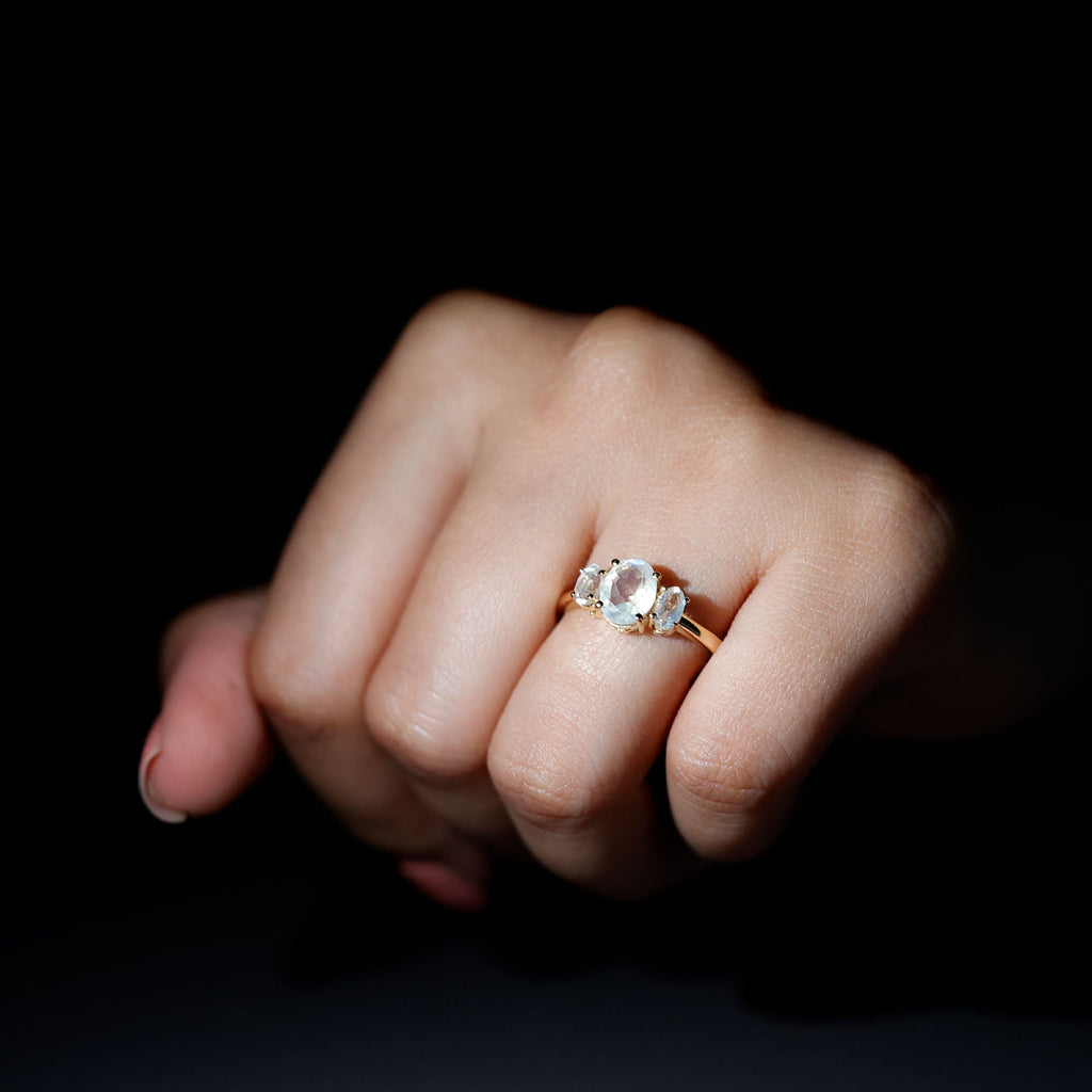 Natural Moonstone Three Stone Oval Engagement Ring