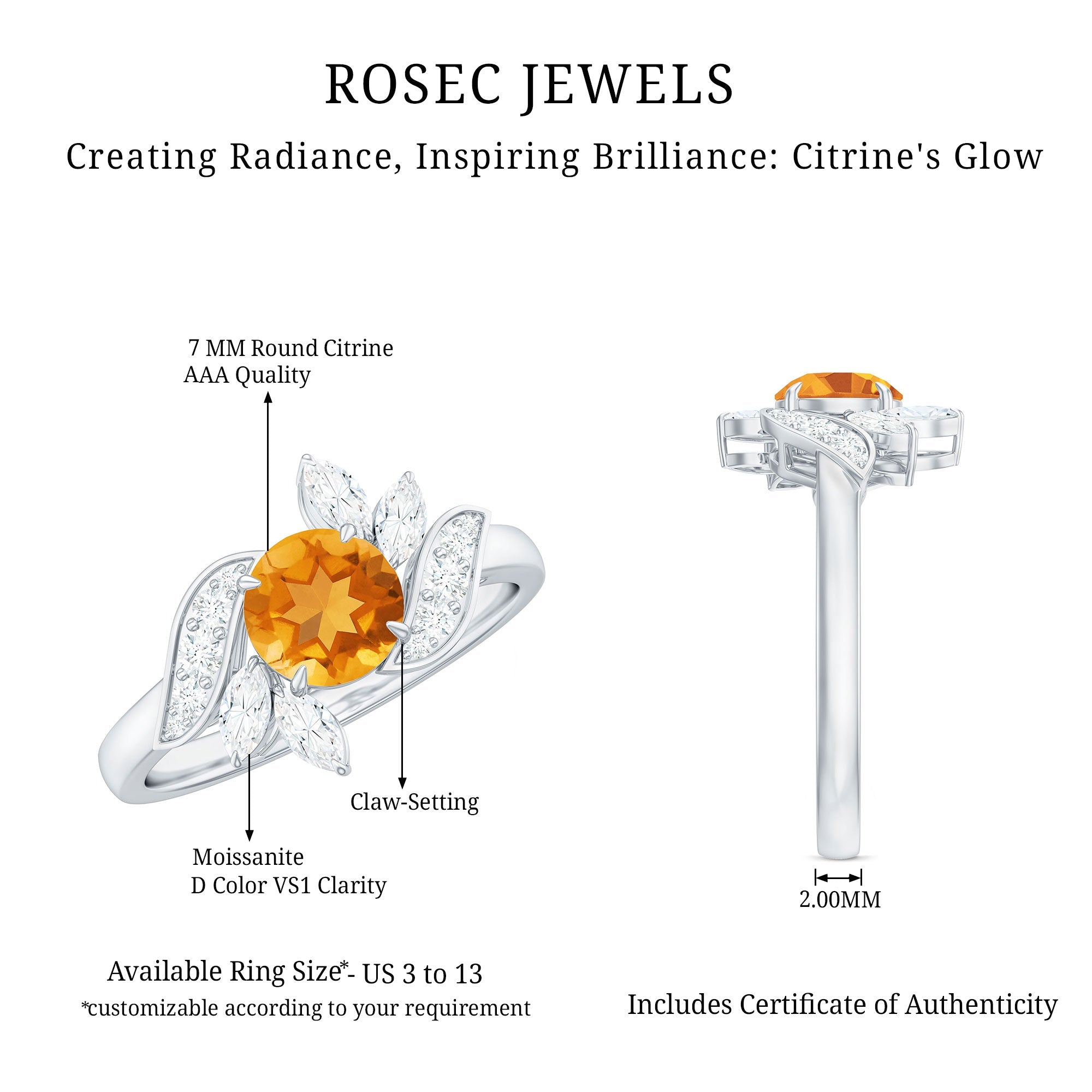 Certified Real 1.2 Carat Citrine Engagement Ring with Moissanite