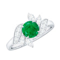 Emerald Engagement Ring – Natural Gemstone Ring with Diamond & Leaf Motif Design